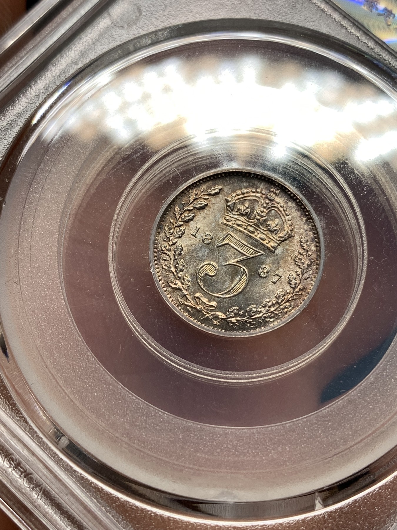 《竞宝斋》第187场-周日，周一 2场 (全场包邮) 公博 MS65 英国1887维多利亚高冠3便士银币