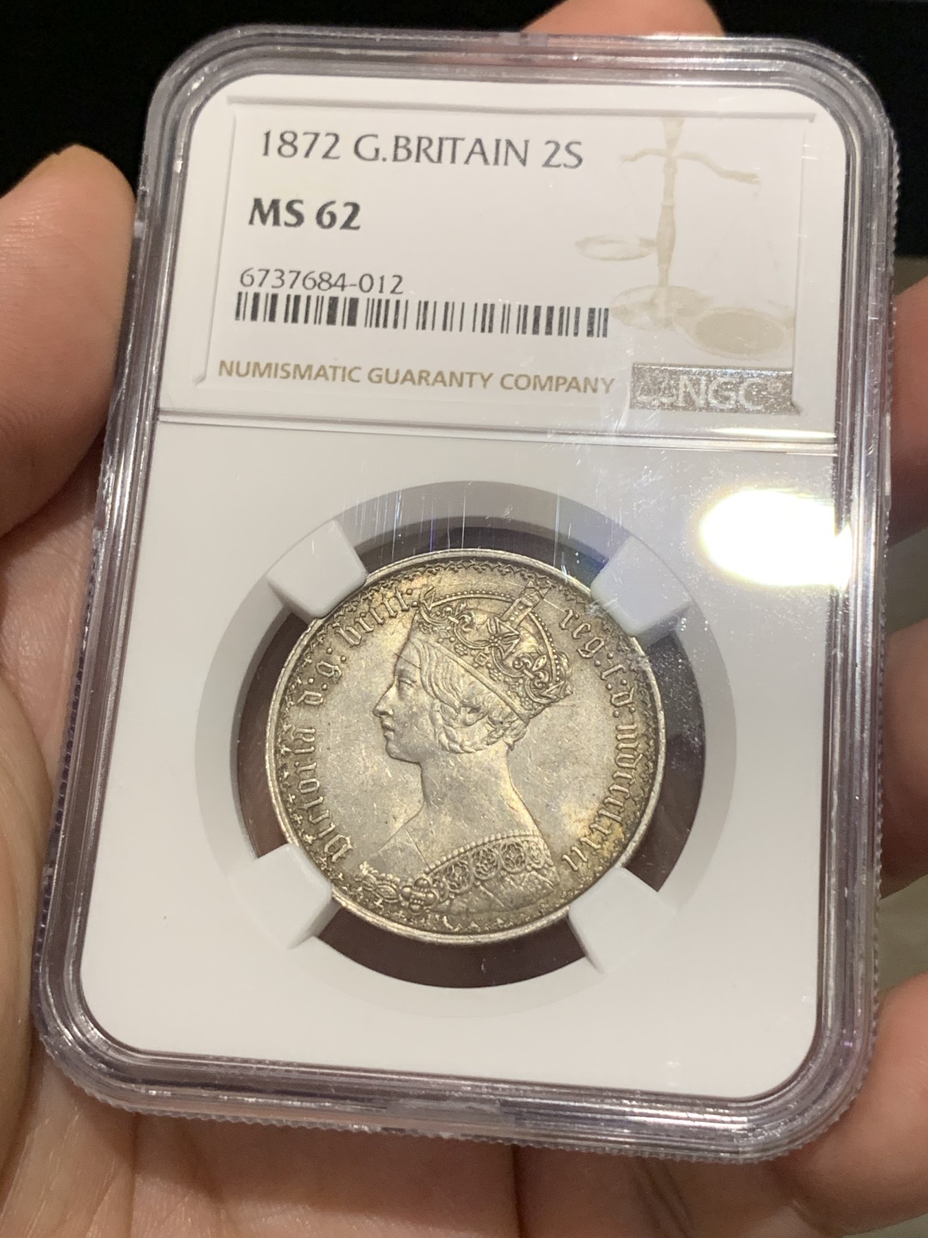 《竞宝斋》第187场-周日，周一 2场 (全场包邮) NGC-MS62 英国1872维多利亚哥特弗洛林银币 状态好 包浆漂亮