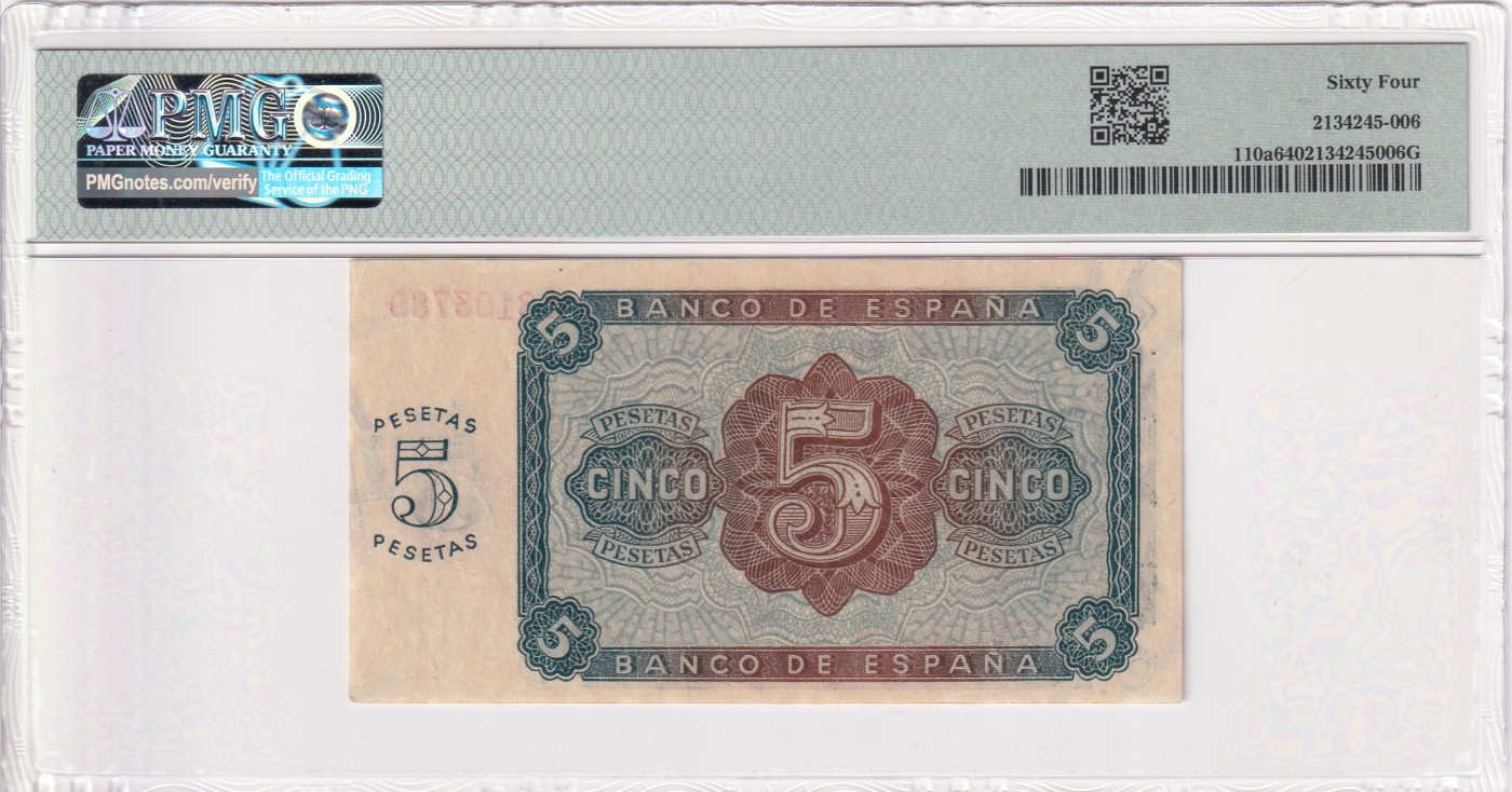乐淘淘纸币精选 第12期 周五周六连拍第一场 【B8103789】西班牙1938年纸币 5比塞塔 首版 尾顺子 PMG64
