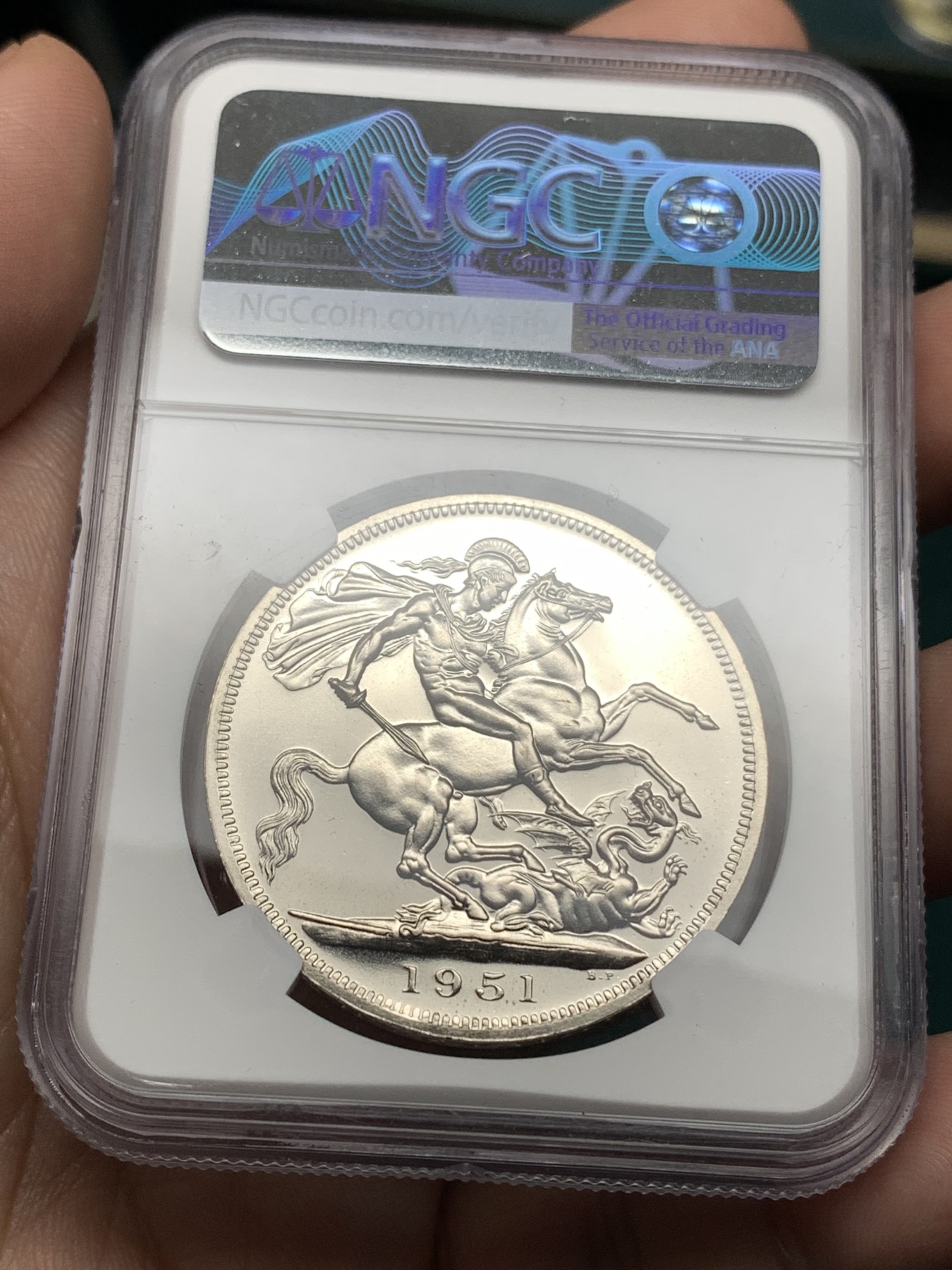 《竞宝斋》第187场-周日，周一 2场 (全场包邮) NGC-PL63 英国 1951年 1克朗 乔治六世 最后的马剑 PL底板 品相好 非常靓