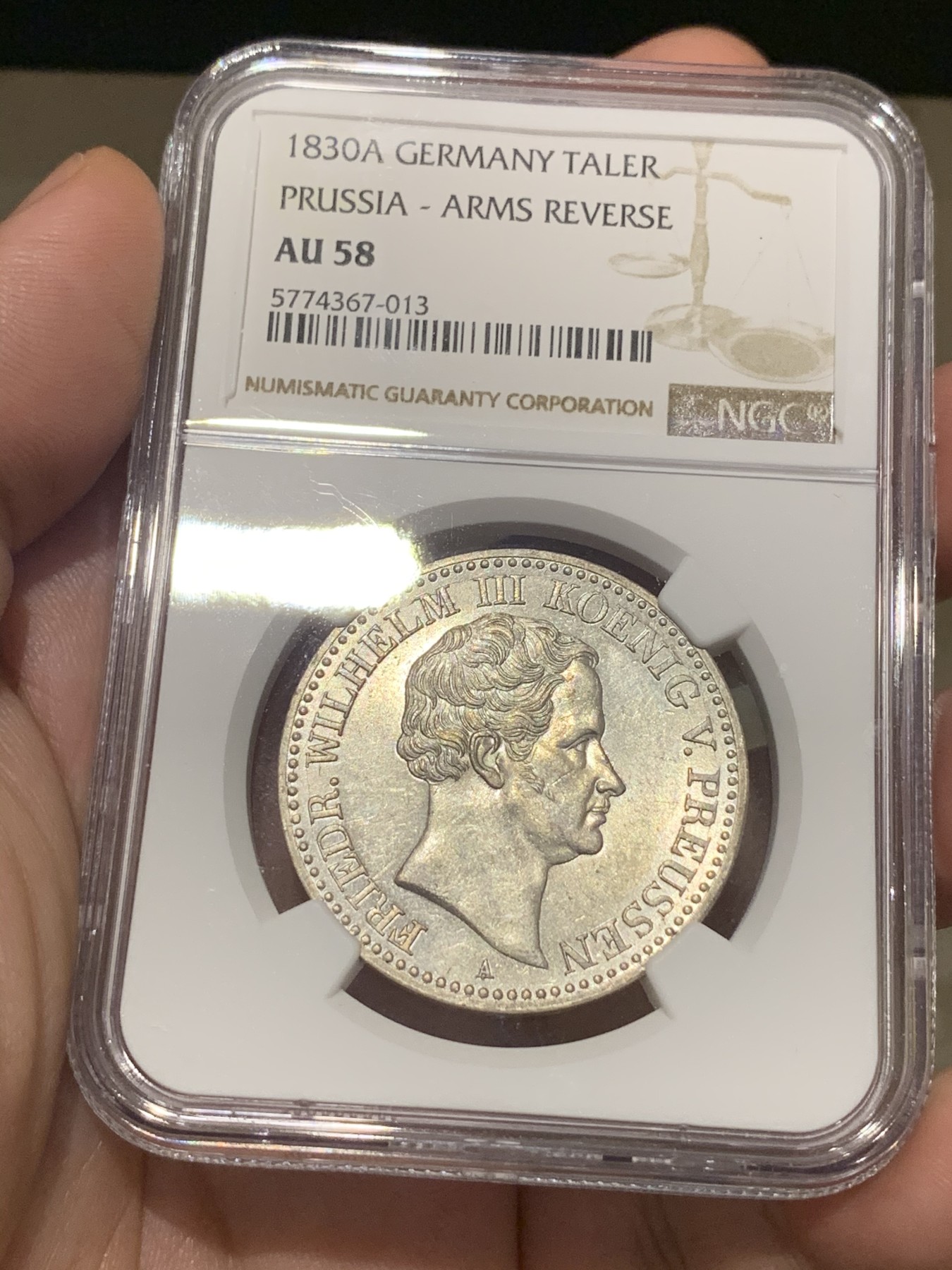 《竞宝斋》第187场-周日，周一 2场 (全场包邮) NGC-AU58 德国1830年 普鲁士泰勒 流通版盾徽泰勒，不多见的品种，背面品相尤其好，有ms水平