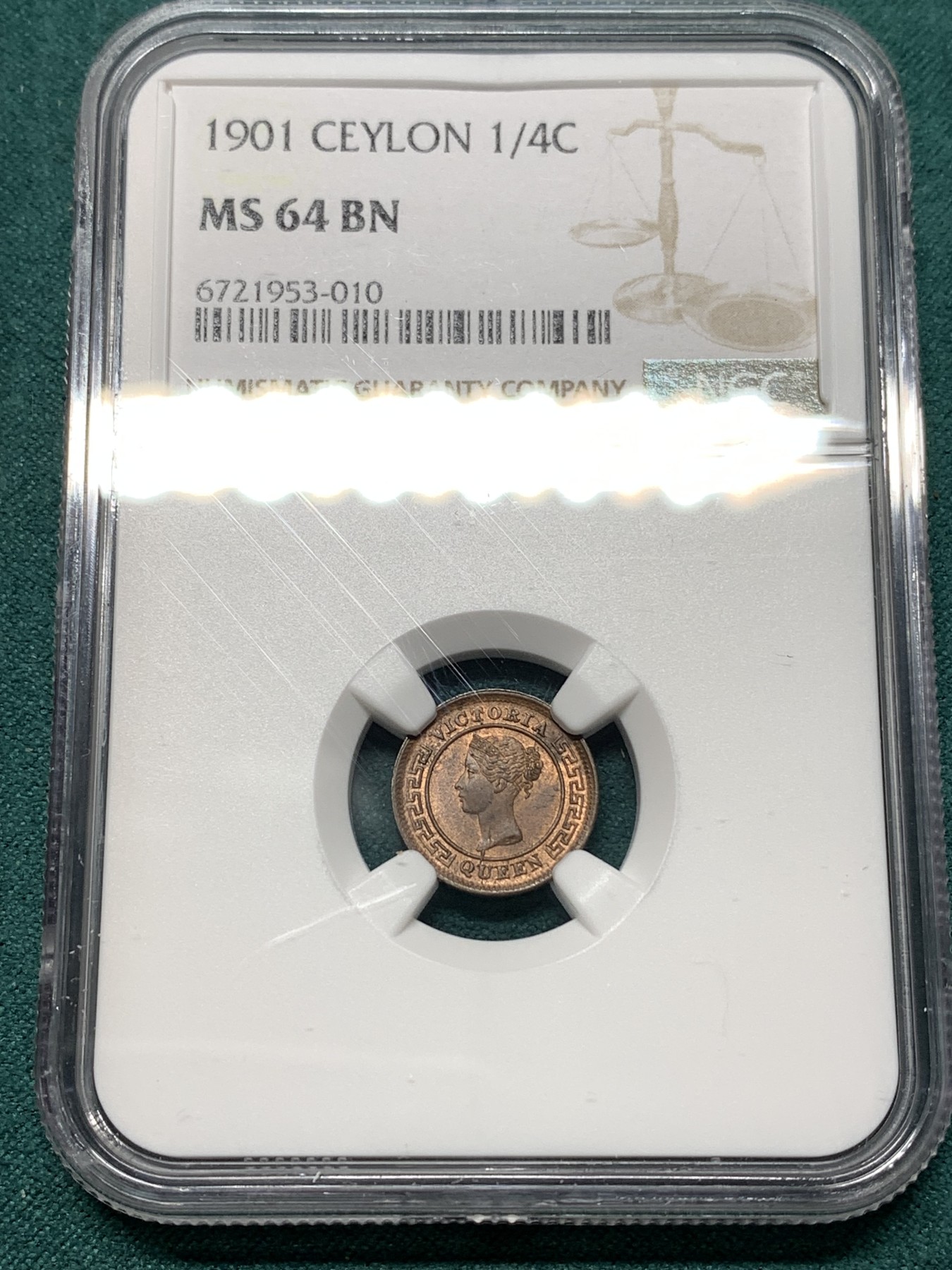 《竞宝斋》第187场-周日，周一 2场 (全场包邮) NGC MS64BN 锡兰1901年维多利亚女王头像1/4分铜币