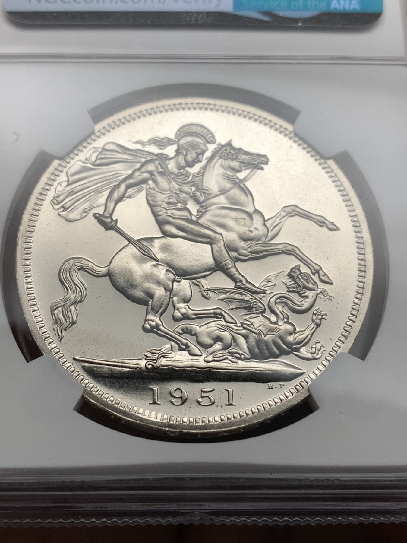 《竞宝斋》第187场-周日，周一 2场 (全场包邮) NGC-PL63 英国 1951年 1克朗 乔治六世 最后的马剑 PL底板 品相好 非常靓