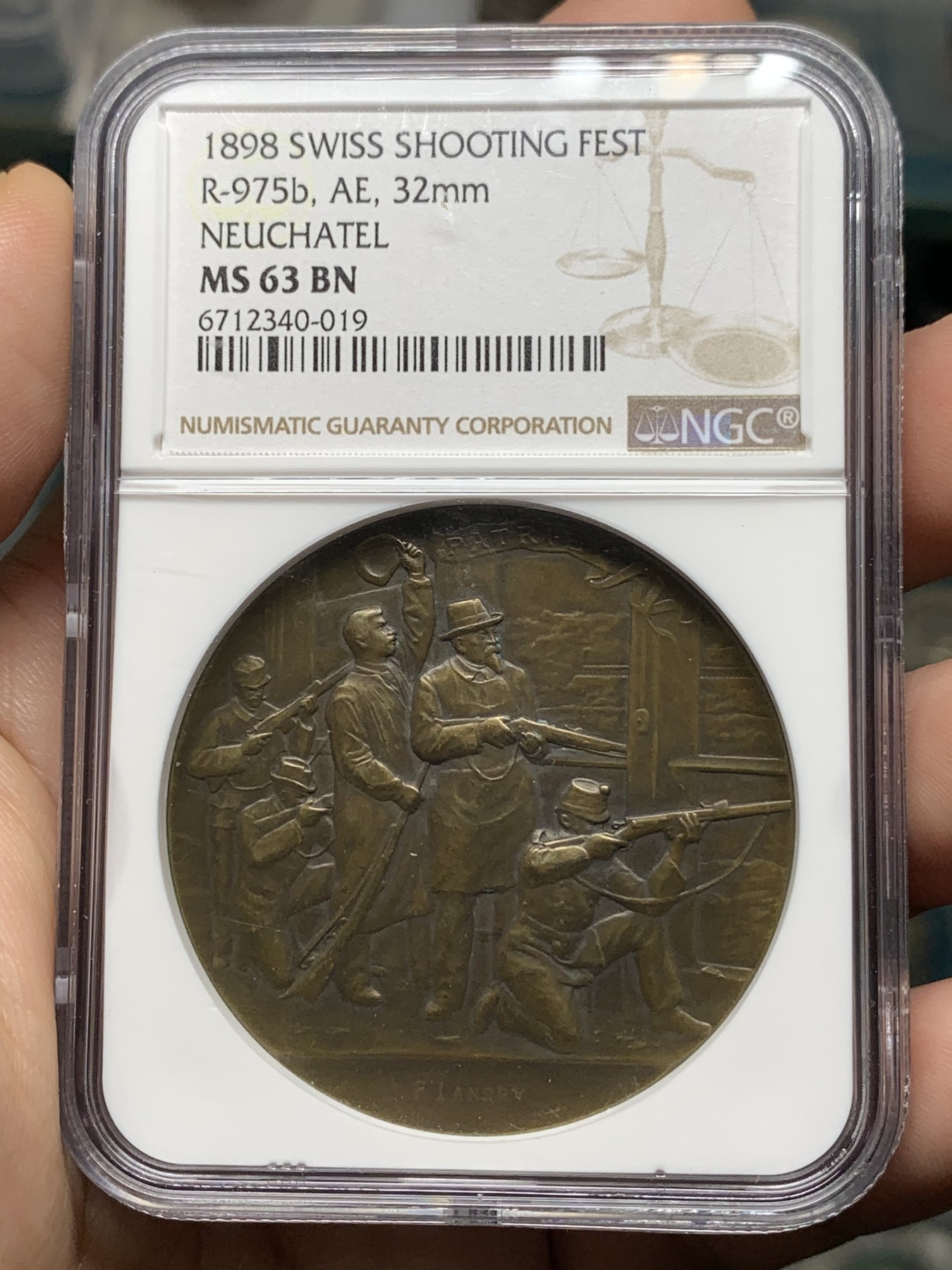 《竞宝斋》第187场-周日，周一 2场 (全场包邮) NGC-MS63BN 1898年纳沙泰尔瑞士射击节铜章  属于瑞士射击节中的经典品种