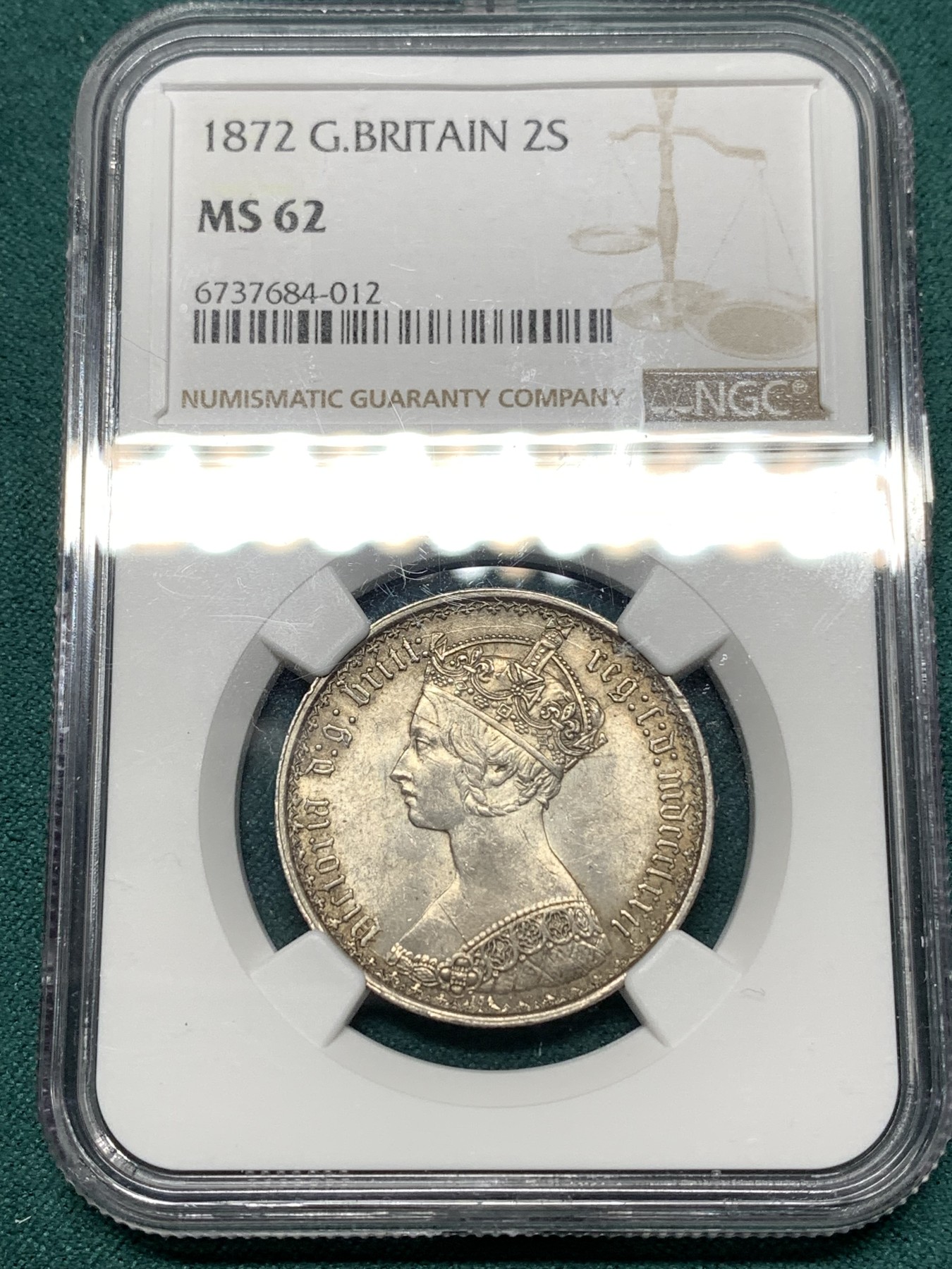 《竞宝斋》第187场-周日，周一 2场 (全场包邮) NGC-MS62 英国1872维多利亚哥特弗洛林银币 状态好 包浆漂亮
