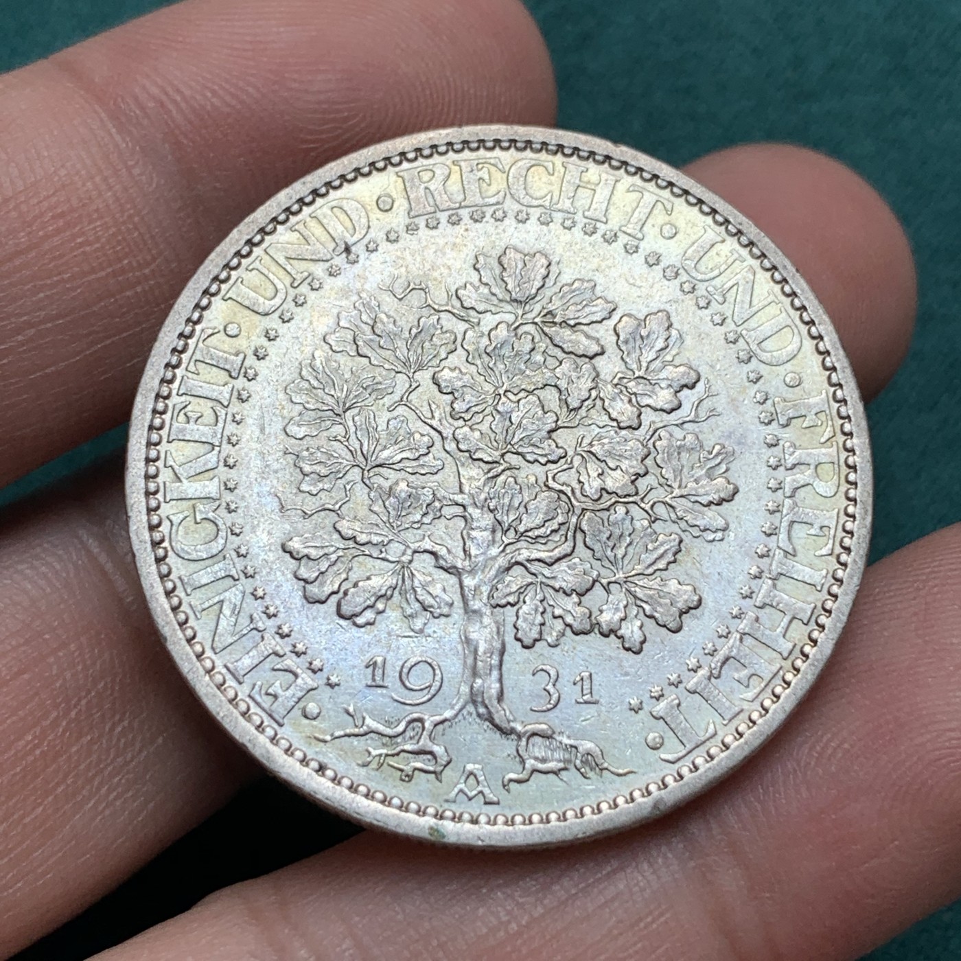 《竞宝斋》第187场-周日，周一 2场 (全场包邮) 1931-A德国魏玛共和国橡树5马克 25克大银币 细节清楚 经典设计 光泽漂亮