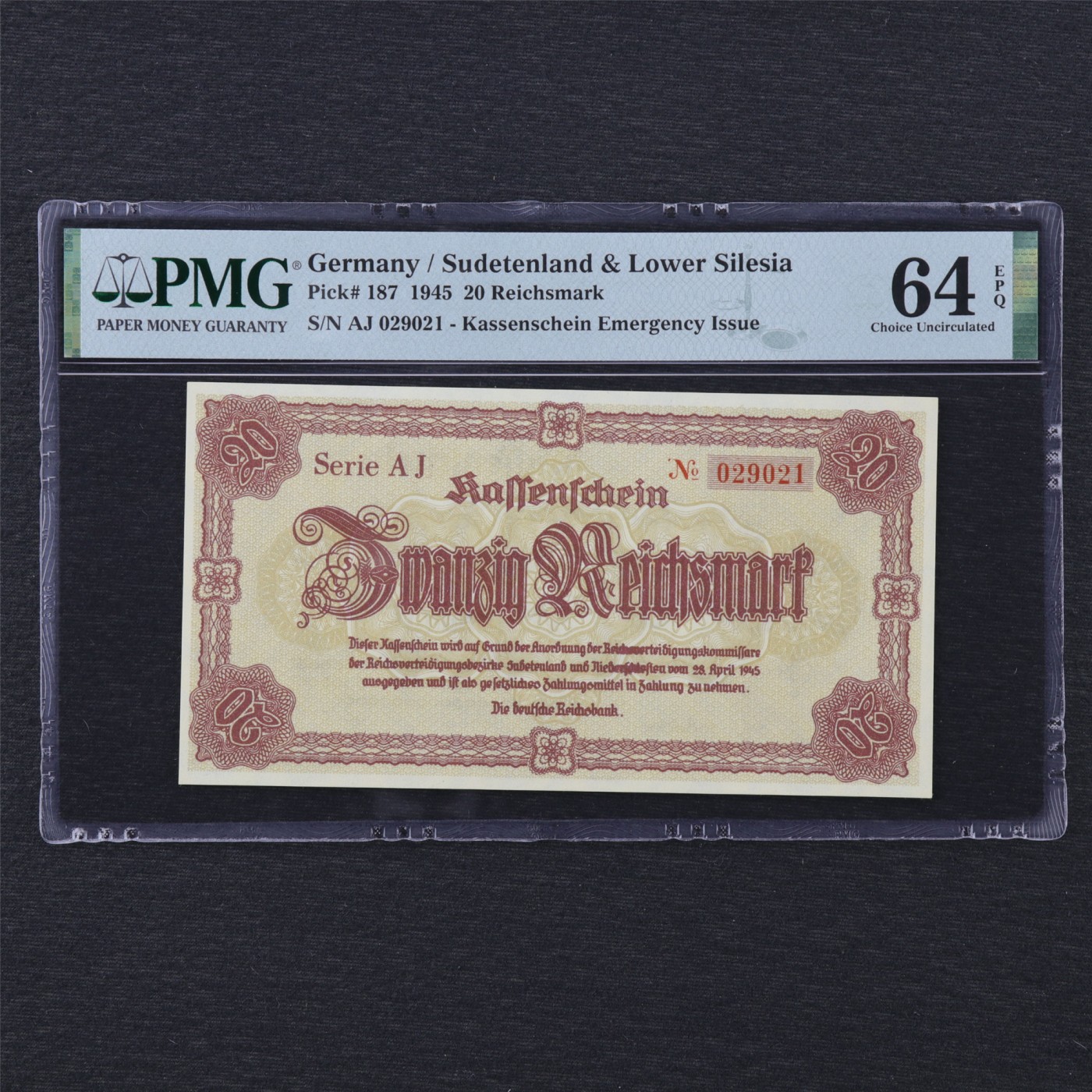 【亘邦集藏】第166期拍卖 1945年 德国20Reichsmark PMG 64EPQ 029021