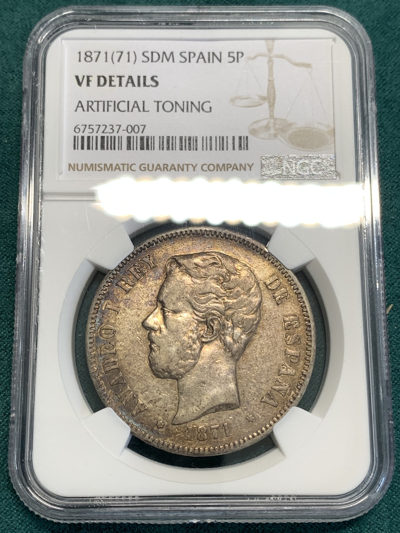 《竞宝斋》第187场-周日，周一 2场 (全场包邮) NGC-VF 西班牙1871年阿玛迪奥一世5比塞塔银币 包浆不错