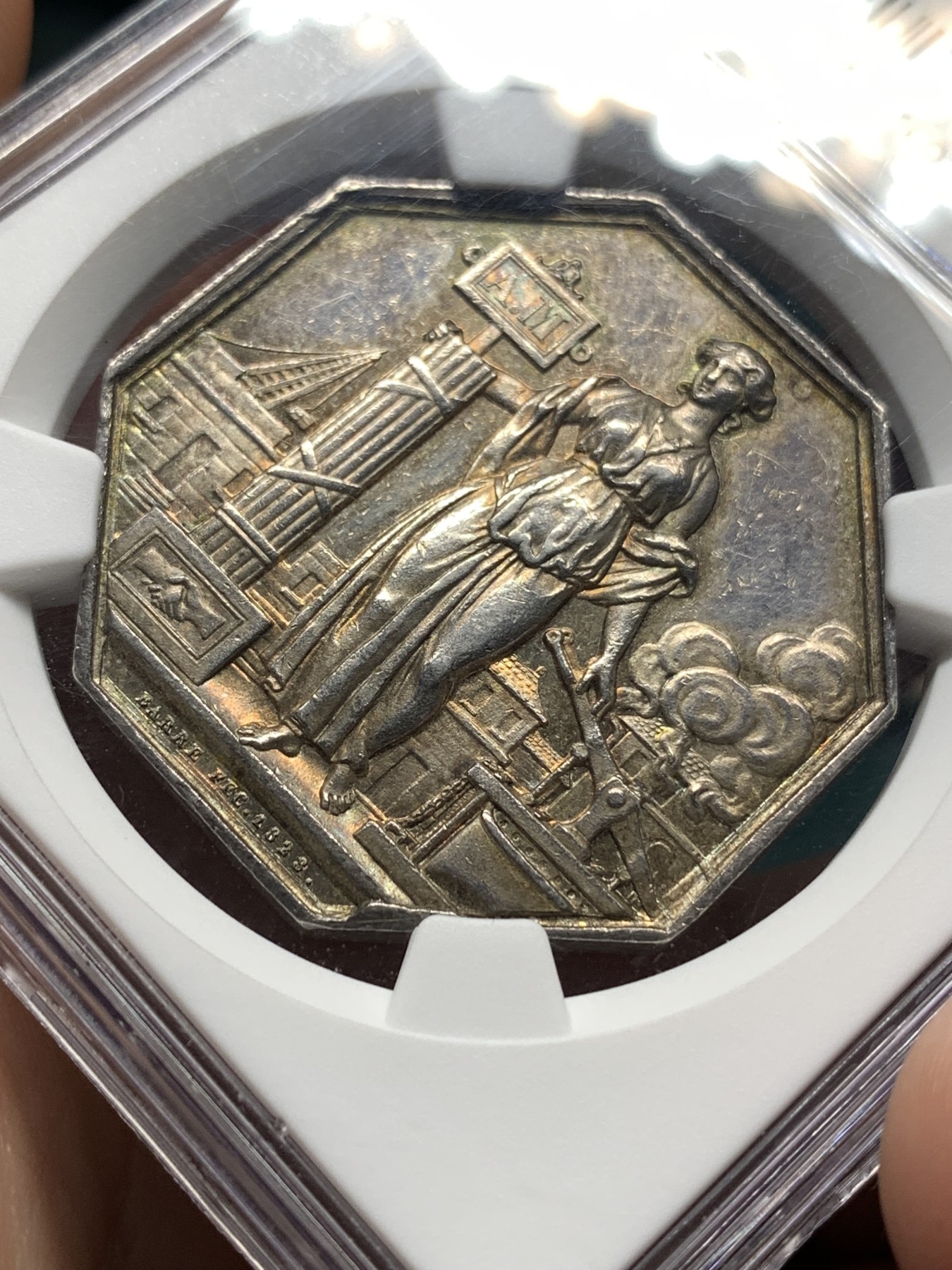 《竞宝斋》第187场-周日，周一 2场 (全场包邮) NGC MS61 法国1828塞纳保险公司八角银质代币