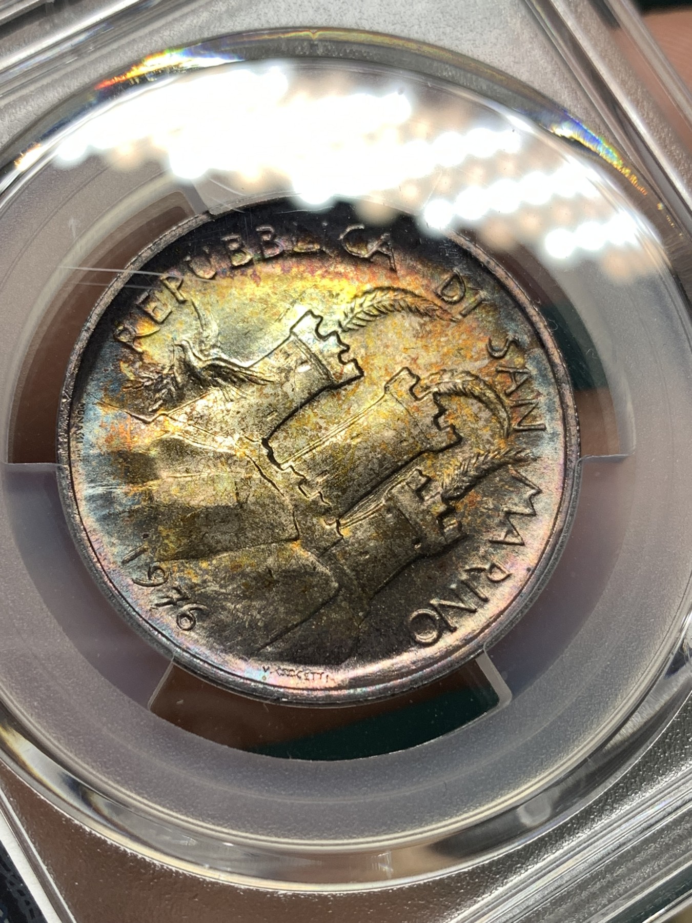 《竞宝斋》第187场-周日，周一 2场 (全场包邮) PCGS-MS67 圣马力诺1976年播种城堡500里拉银币 PCGS季军 半个世纪历久弥新 极致的五彩 被低估的品种 22年67+成交900元