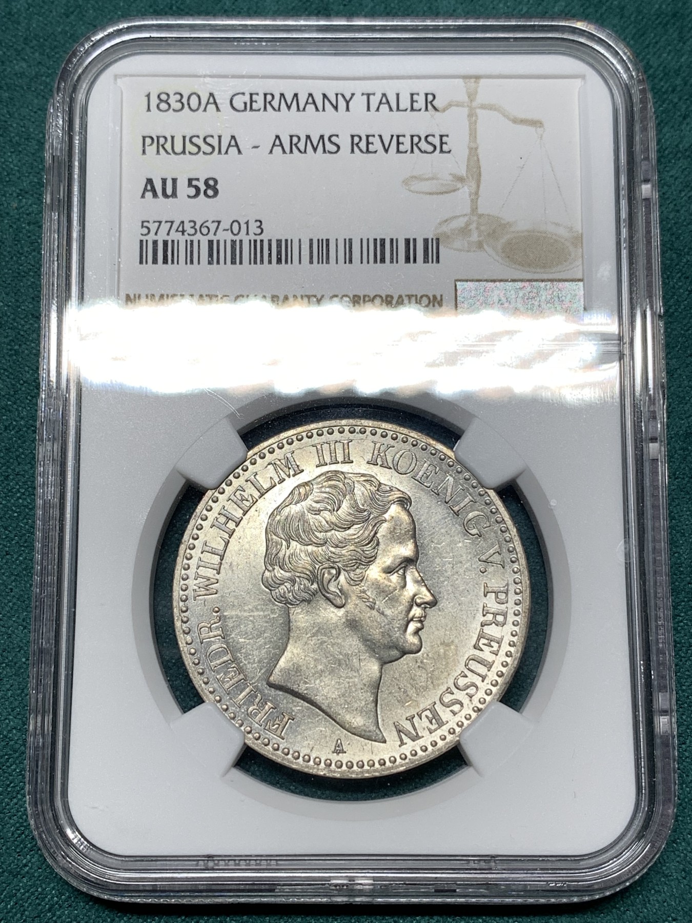 《竞宝斋》第187场-周日，周一 2场 (全场包邮) NGC-AU58 德国1830年 普鲁士泰勒 流通版盾徽泰勒，不多见的品种，背面品相尤其好，有ms水平