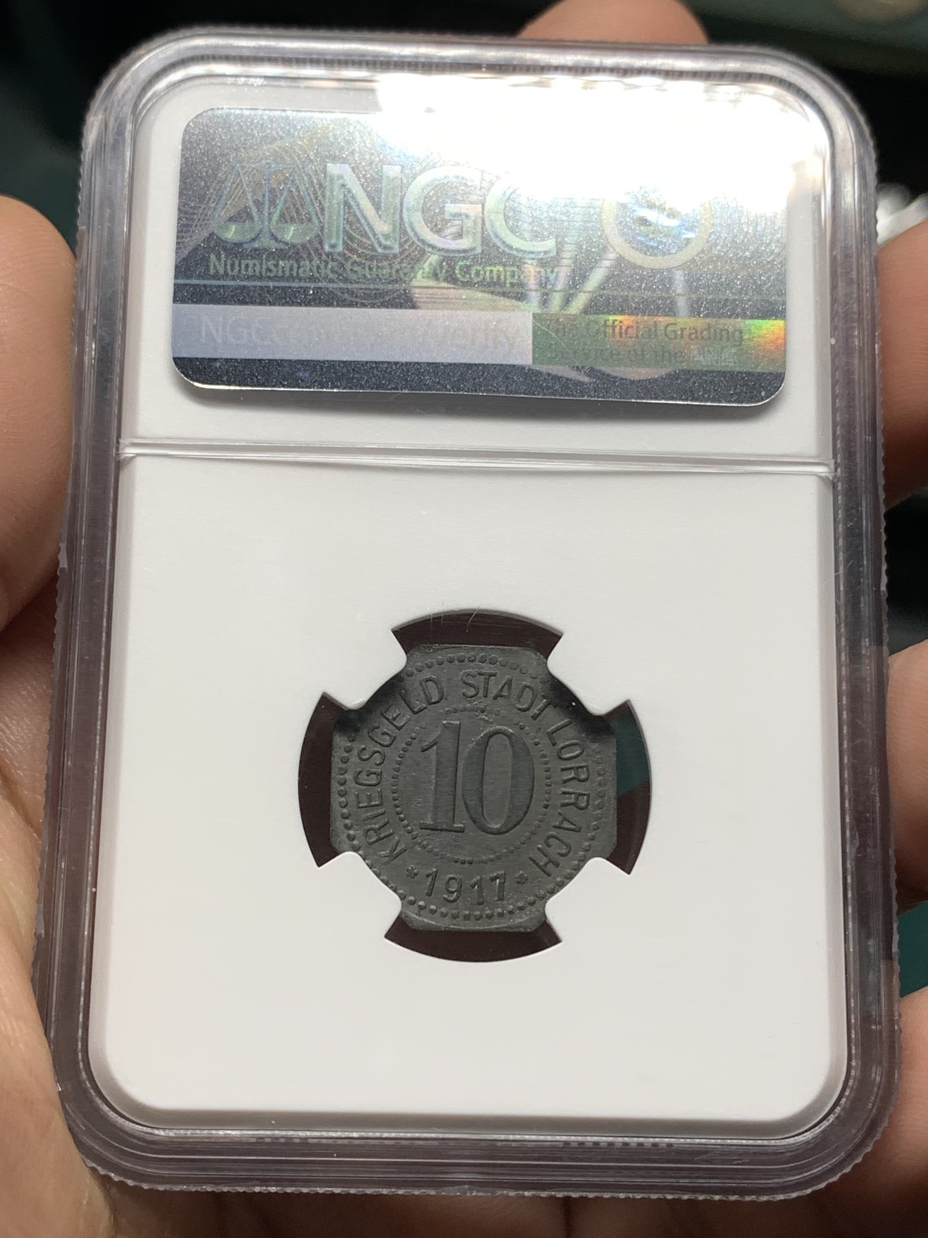 《竞宝斋》第187场-周日，周一 2场 (全场包邮) NGC MS62（冠军）德国 德紧 巴登罗拉赫10芬尼八角形锌币