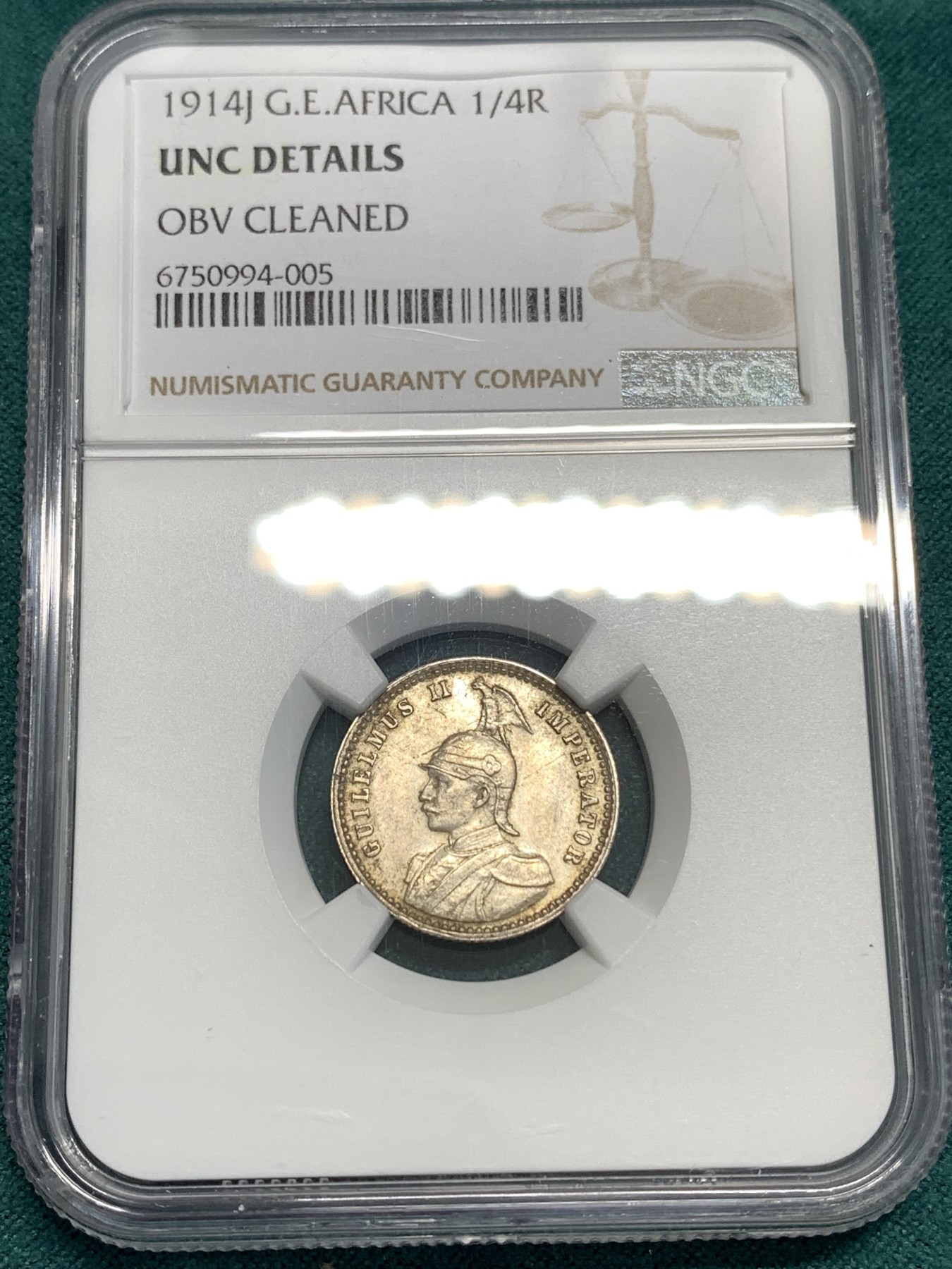 《竞宝斋》第187场-周日，周一 2场 (全场包邮) NGC UNC 东非1/4卢比银币 稀少面值 年份少见 给个正面清洗实在无语 可以再试试