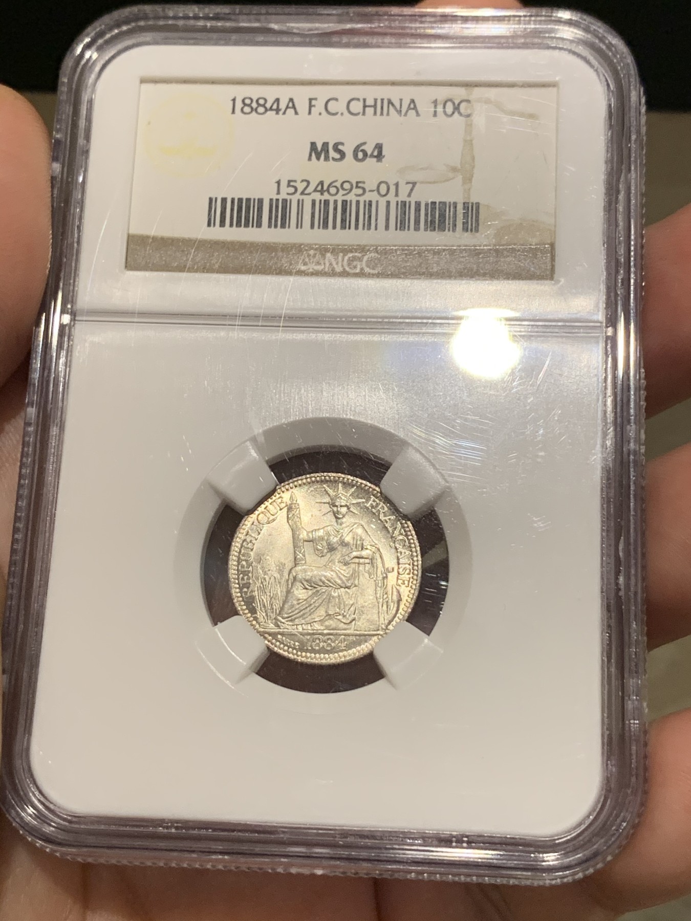 《竞宝斋》第187场-周日，周一 2场 (全场包邮) NGC MS64 法属印支 1884年 10分银币 加重版小毫 实在难得