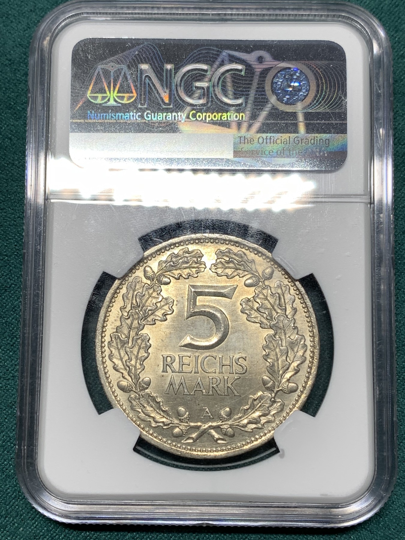 《竞宝斋》第187场-周日，周一 2场 (全场包邮) NGC-MS62  德意志1925A 莱茵联盟千年5马克银币 锁子甲武士持盾牌 细节清晰 淡金色包浆