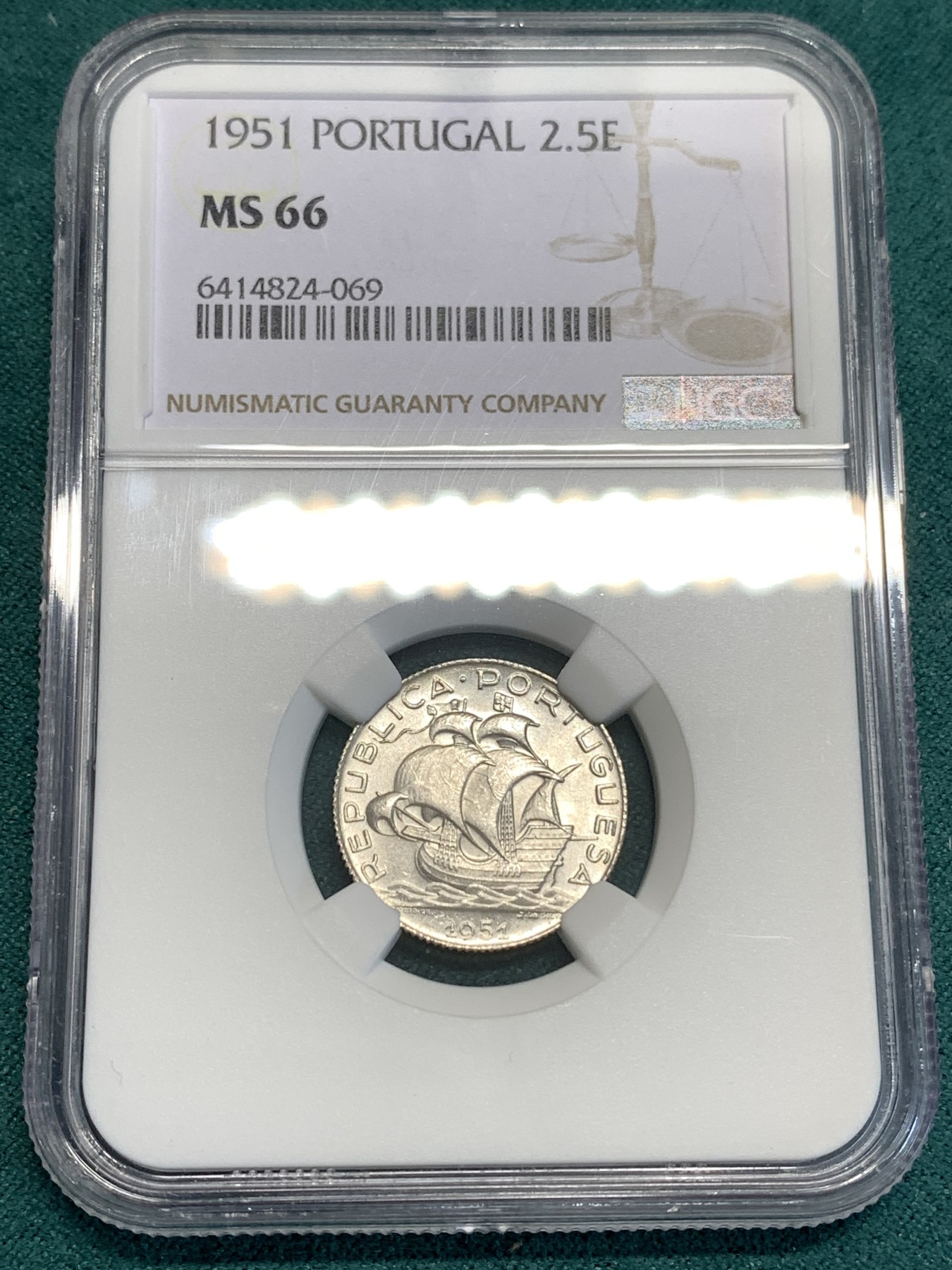 《竞宝斋》第187场-周日，周一 2场 (全场包邮) NGC MS66 葡萄牙1951大帆船 2.5埃斯库多银币