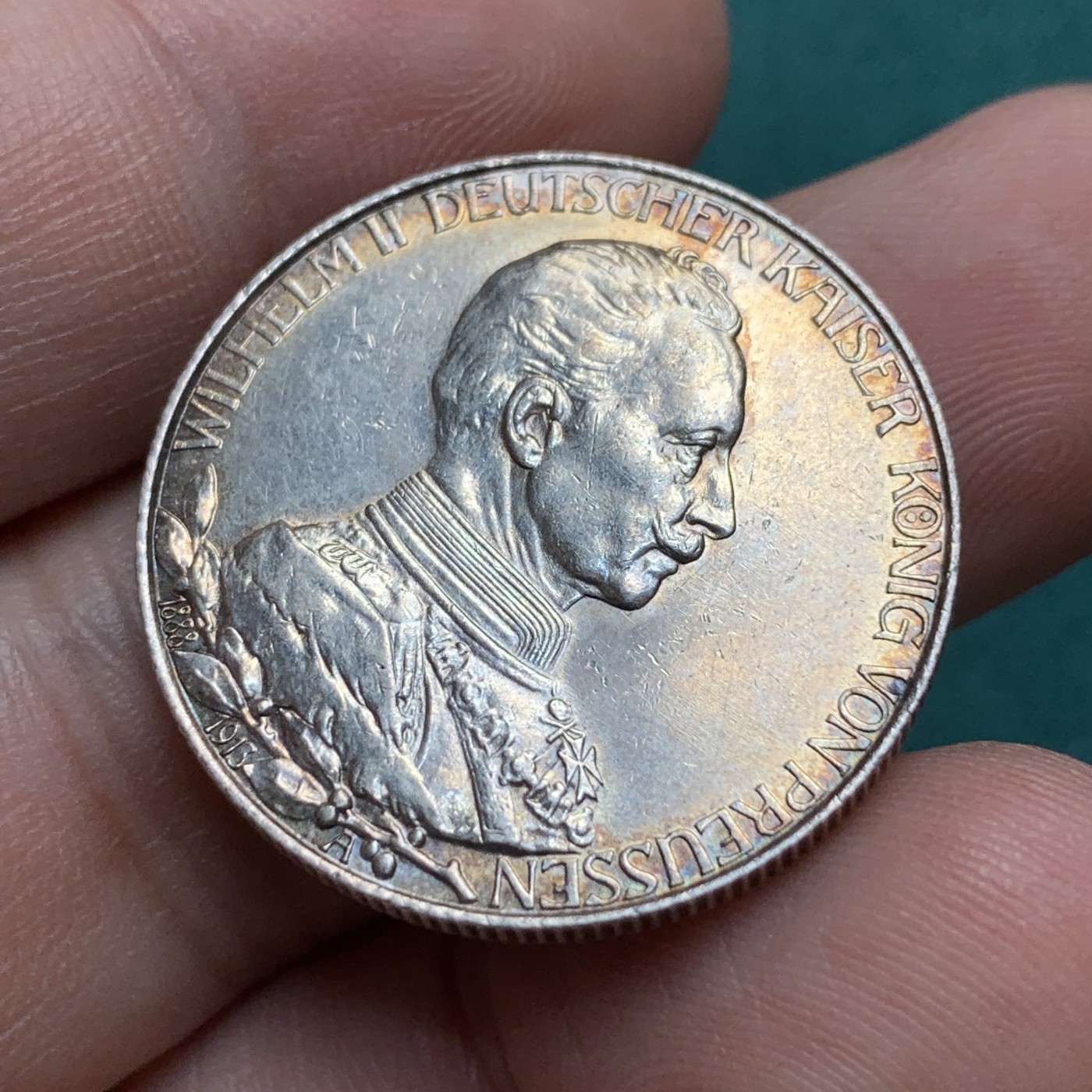 《竞宝斋》第187场-周日，周一 2场 (全场包邮) 1913年德国普鲁士威廉二世继位25周年银禧纪念2马克银币 细节锋利光泽漂亮