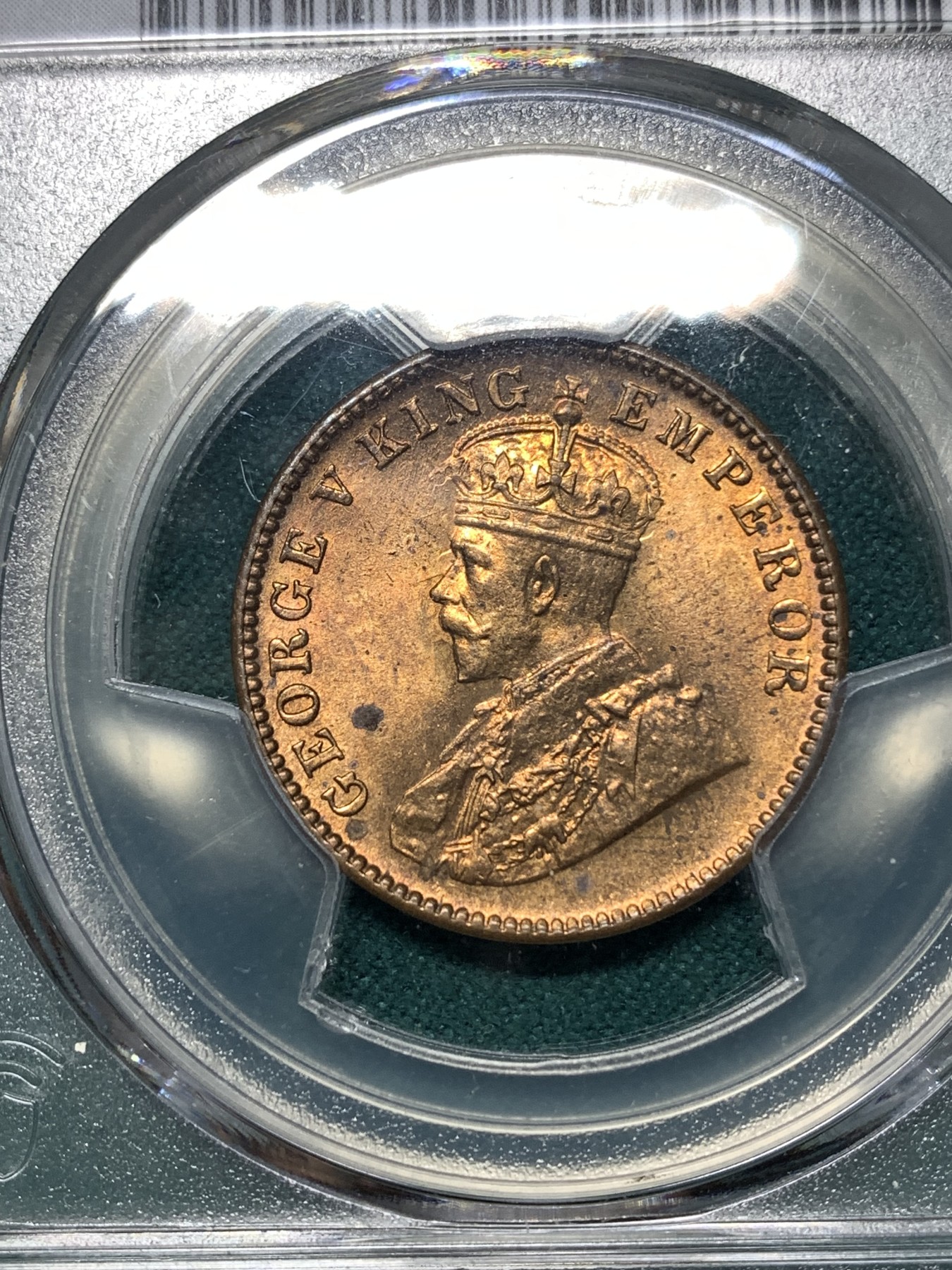 《竞宝斋》第187场-周日，周一 2场 (全场包邮) PCGS-MS63RB 英属印度1929C乔治五世1/4安娜铜币，背面可见透打。铜光带彩，光泽靓丽，状态上佳。