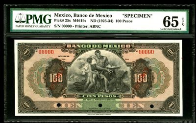 【Blue Auction】✨世界纸币精拍第357期——莫总专场XXVIII - 墨西哥 1925-34年100比索 PMG65EPQ ABNC出品 样钞 正面是加拿大100元纸币背面的经典图案，雕刻非常精美。背面是位于墨西哥城的独立纪念柱，于1910年9月16日墨西哥独立战争100周年落成，由墨西哥建筑师和法国雕刻家合作完成的，它是墨西哥人民独立精神的象征，也是墨西哥人民反对外来侵略者、争取民族独立的胜利标志。