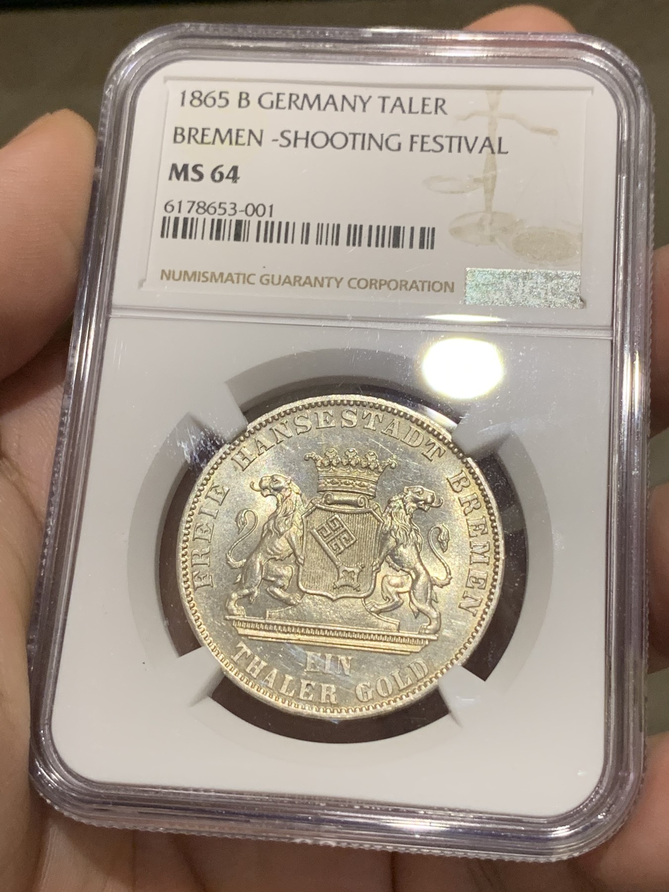 《竞宝斋》第188场-周日，周一 2场 (全场包邮) NGC MS64 德国 1865 不莱梅射击节 1泰勒银币 亮瞎眼的节奏