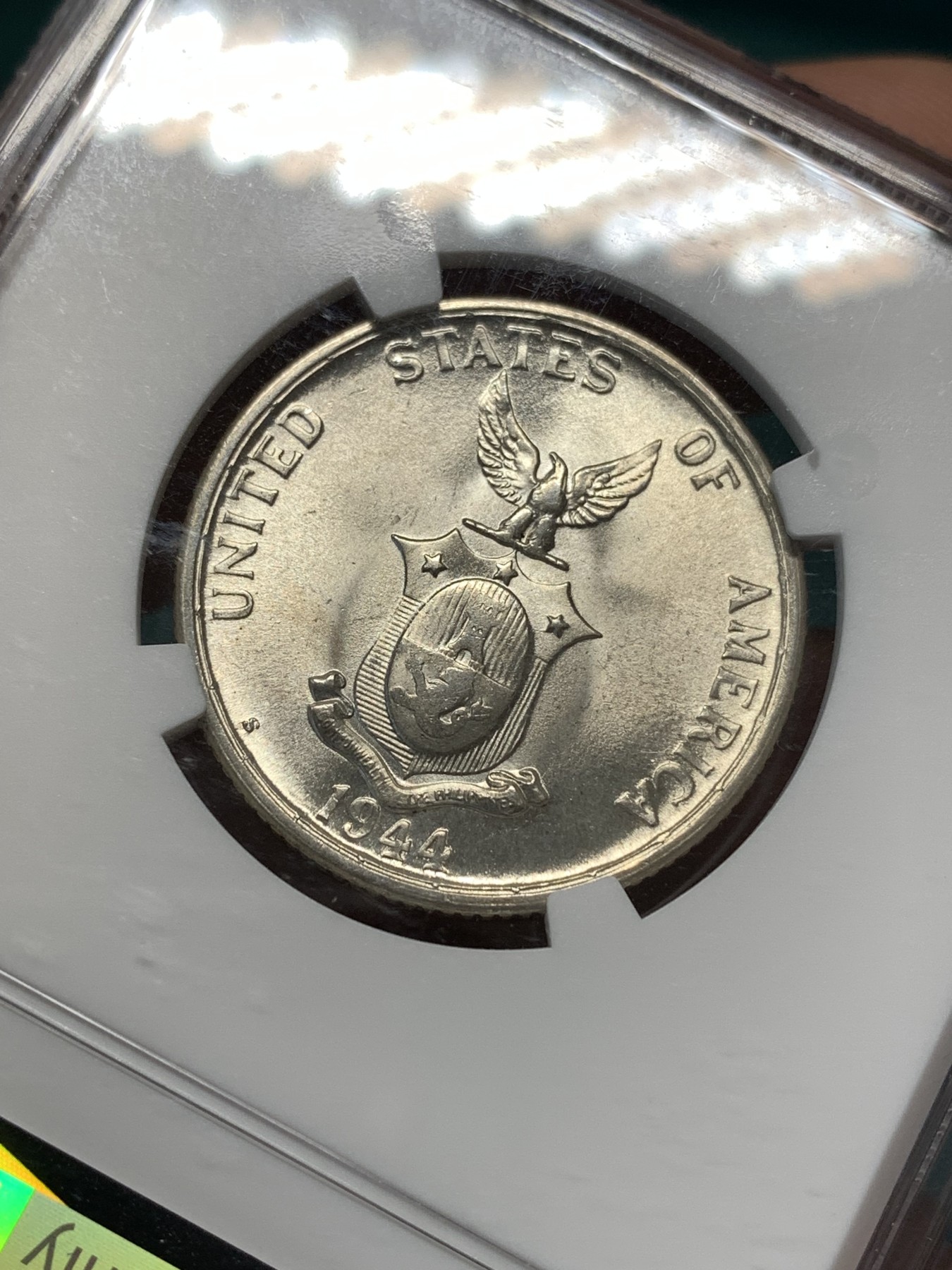 《竞宝斋》第188场-周日，周一 2场 (全场包邮) NGC-MS65 1944年菲律宾女神50分银币，44年比45年少多了，原光卷拆品,NGC-65分高分，一步到位。