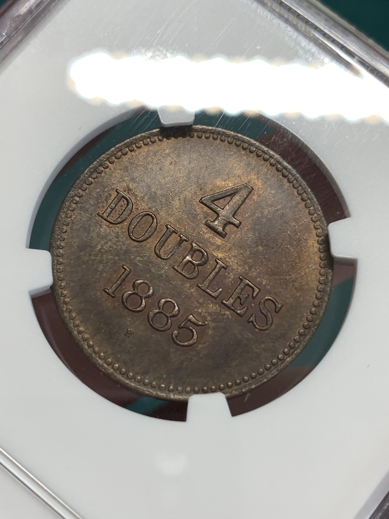 《竞宝斋》第188场-周日，周一 2场 (全场包邮) NGC-MS62BN 1885年根西4D铜币，品相精美，维多利亚时期的好品少见。