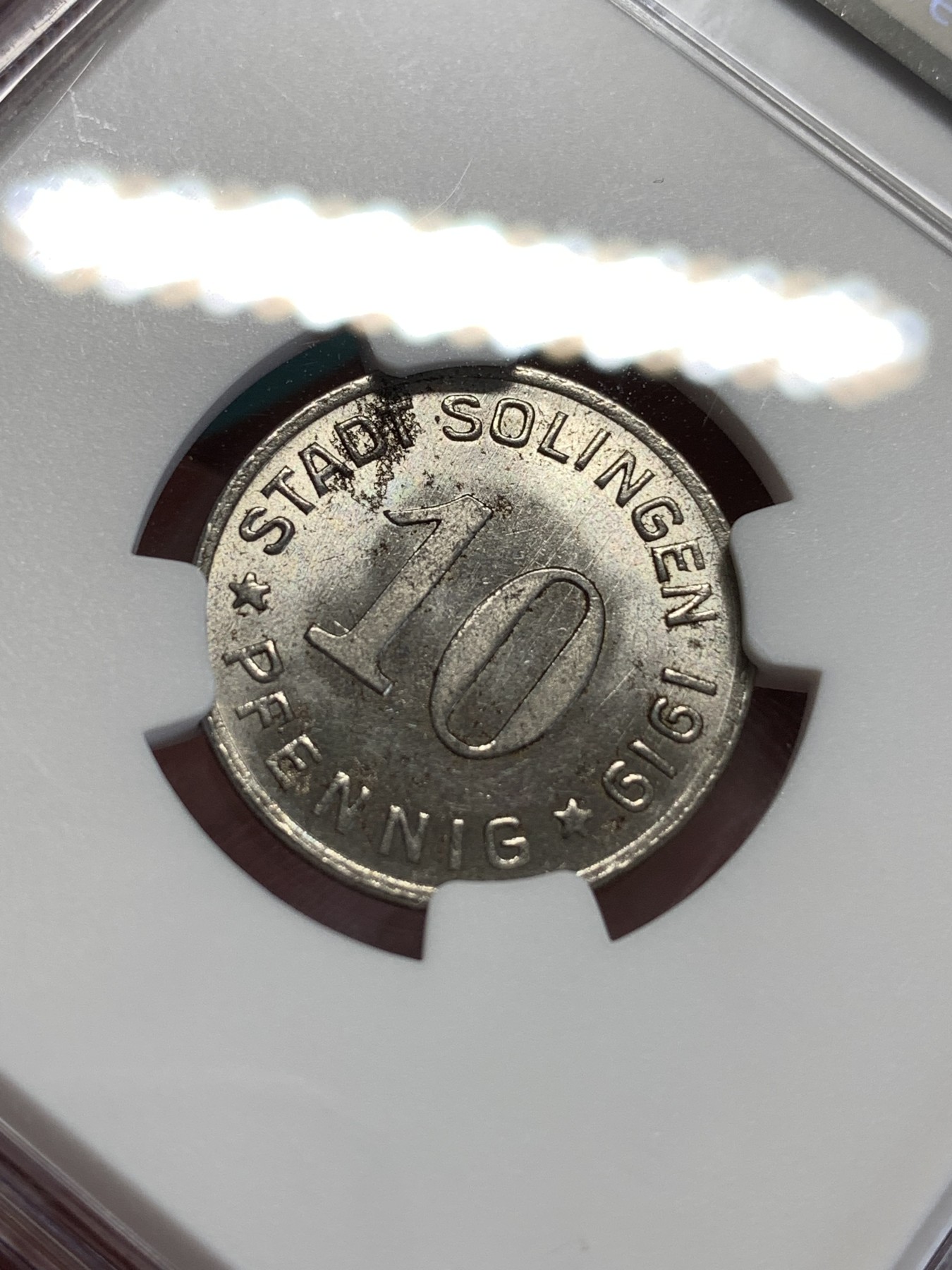 《竞宝斋》第188场-周日，周一 2场 (全场包邮) NGC-MS62 德国1919年德紧索林根10芬尼铁币 原光带彩十分不易感觉低评了 更高分仅2枚