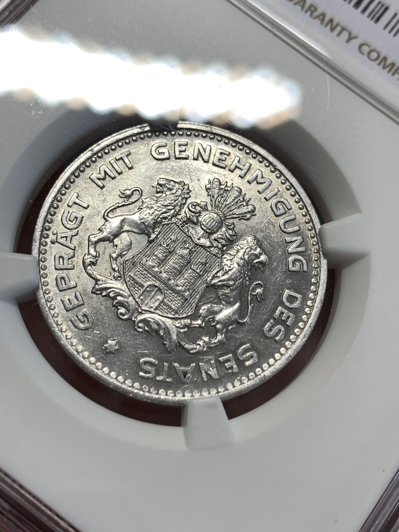 《竞宝斋》第188场-周日，周一 2场 (全场包邮) NGC-MS62 德国1923年汉堡1/10马克 铝币原光难得 更高分仅5枚