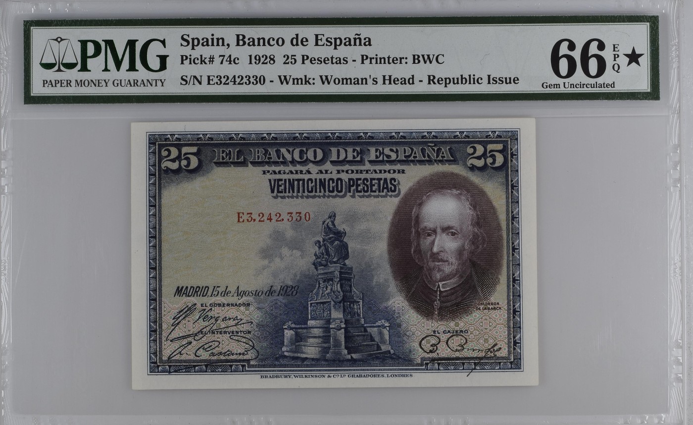 收藏联盟Quantum Auction 第280期拍卖  西班牙1928年25比塞塔 PMG66 加星 戏剧家 卡尔德隆