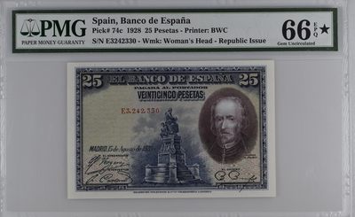 收藏联盟Quantum Auction 第280期拍卖  - 西班牙1928年25比塞塔 PMG66 加星 戏剧家 卡尔德隆