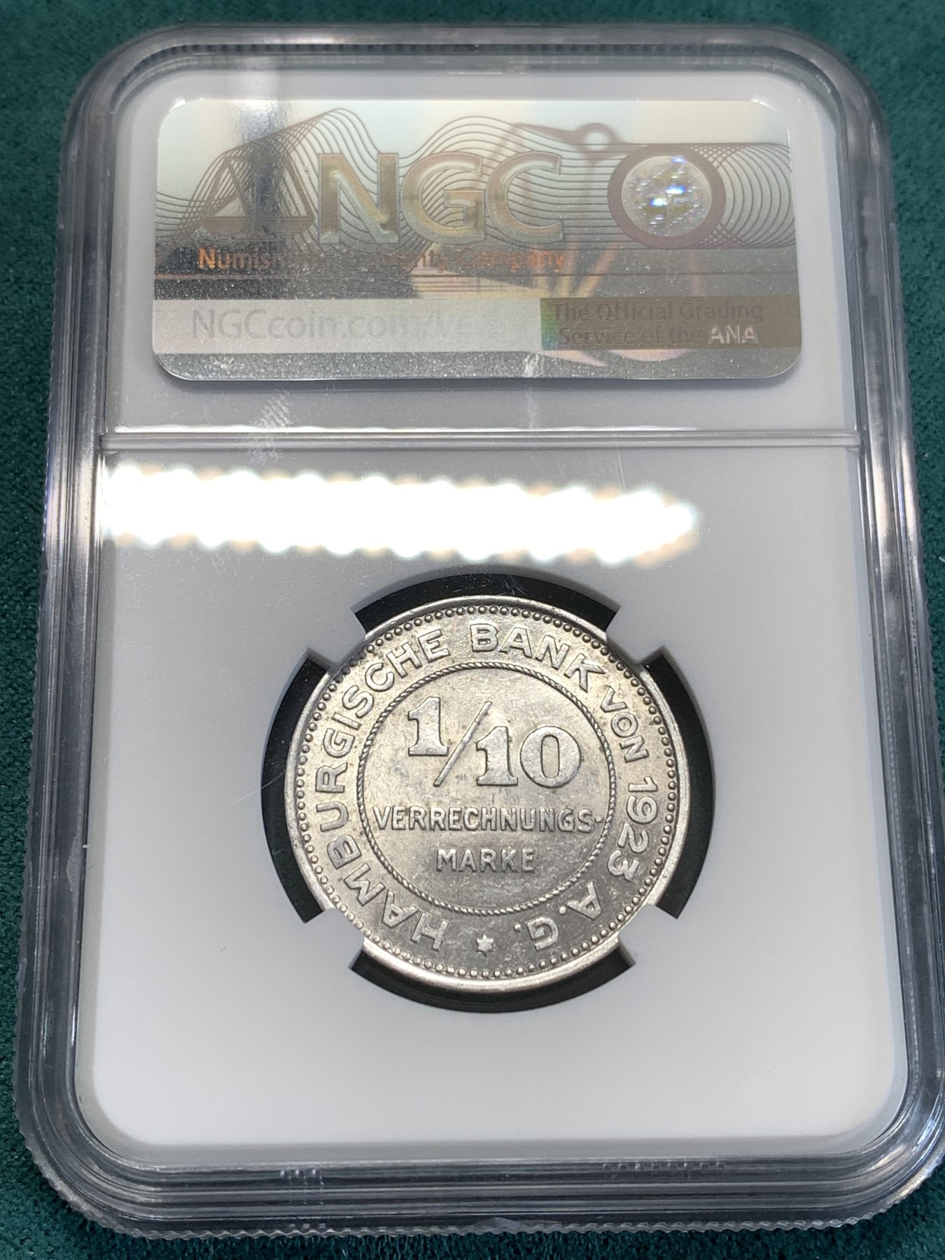《竞宝斋》第188场-周日，周一 2场 (全场包邮) NGC-MS62 德国1923年汉堡1/10马克 铝币原光难得 更高分仅5枚