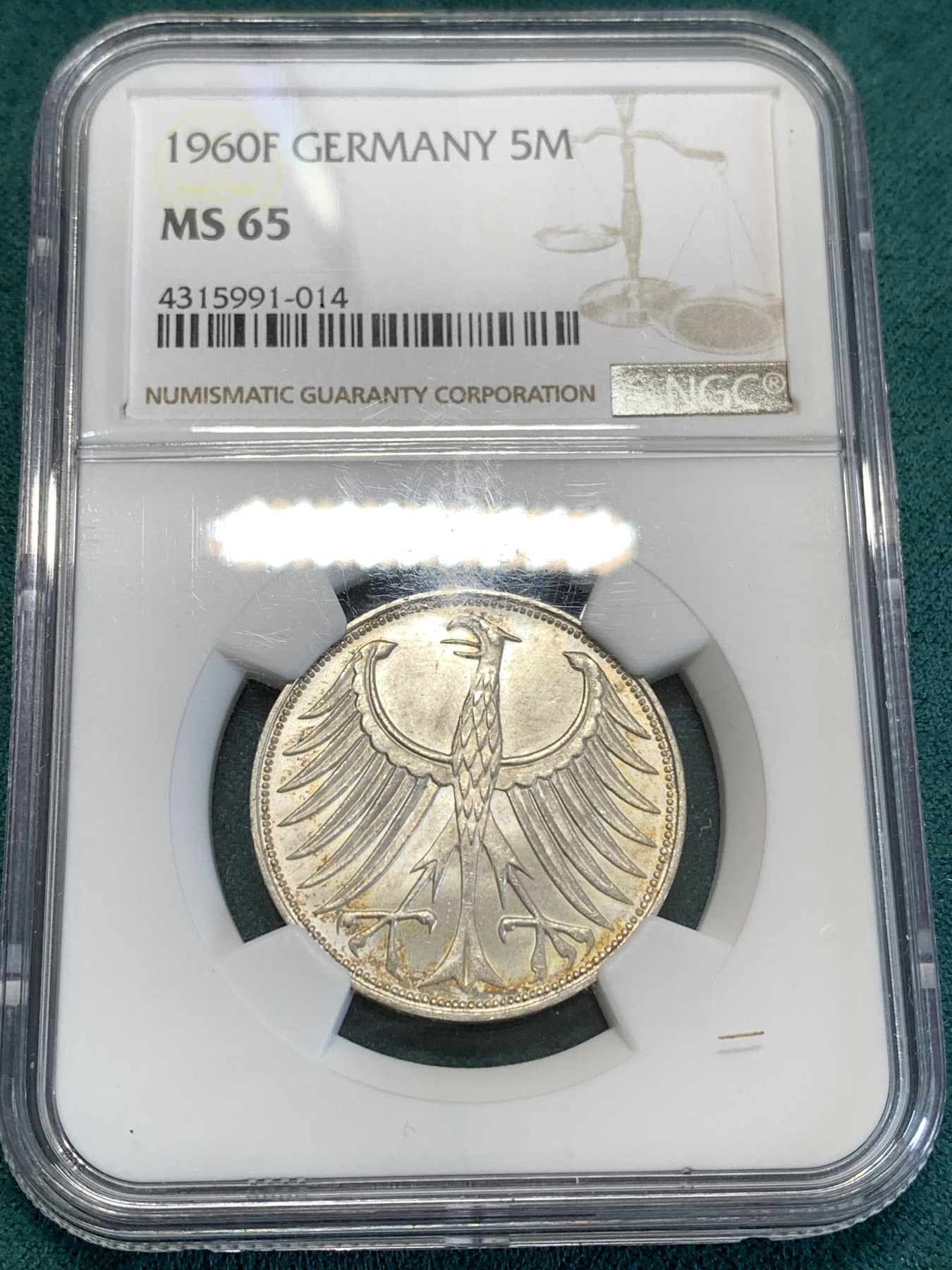 《竞宝斋》第188场-周日，周一 2场 (全场包邮) NGC MS65 德国1960年5马克银币 高分好状态