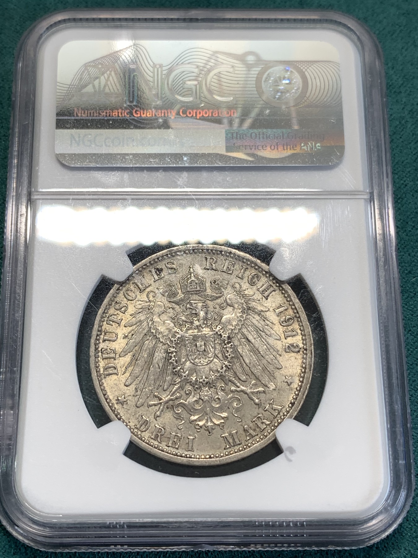《竞宝斋》第188场-周日，周一 2场 (全场包邮) NGC-AU58 德国符腾堡 1912年威廉二世大胡子 3马克大银币
