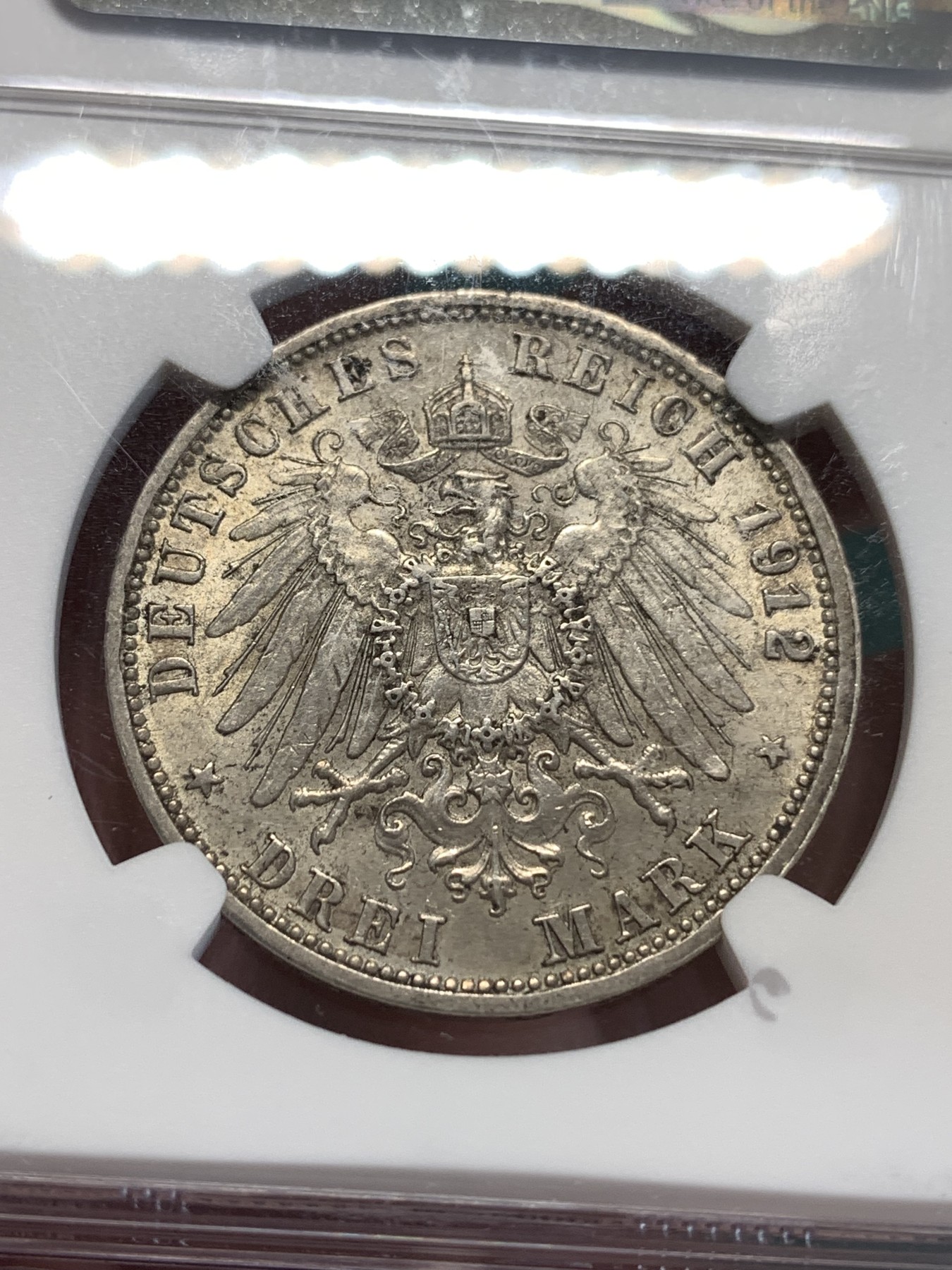 《竞宝斋》第188场-周日，周一 2场 (全场包邮) NGC-AU58 德国符腾堡 1912年威廉二世大胡子 3马克大银币