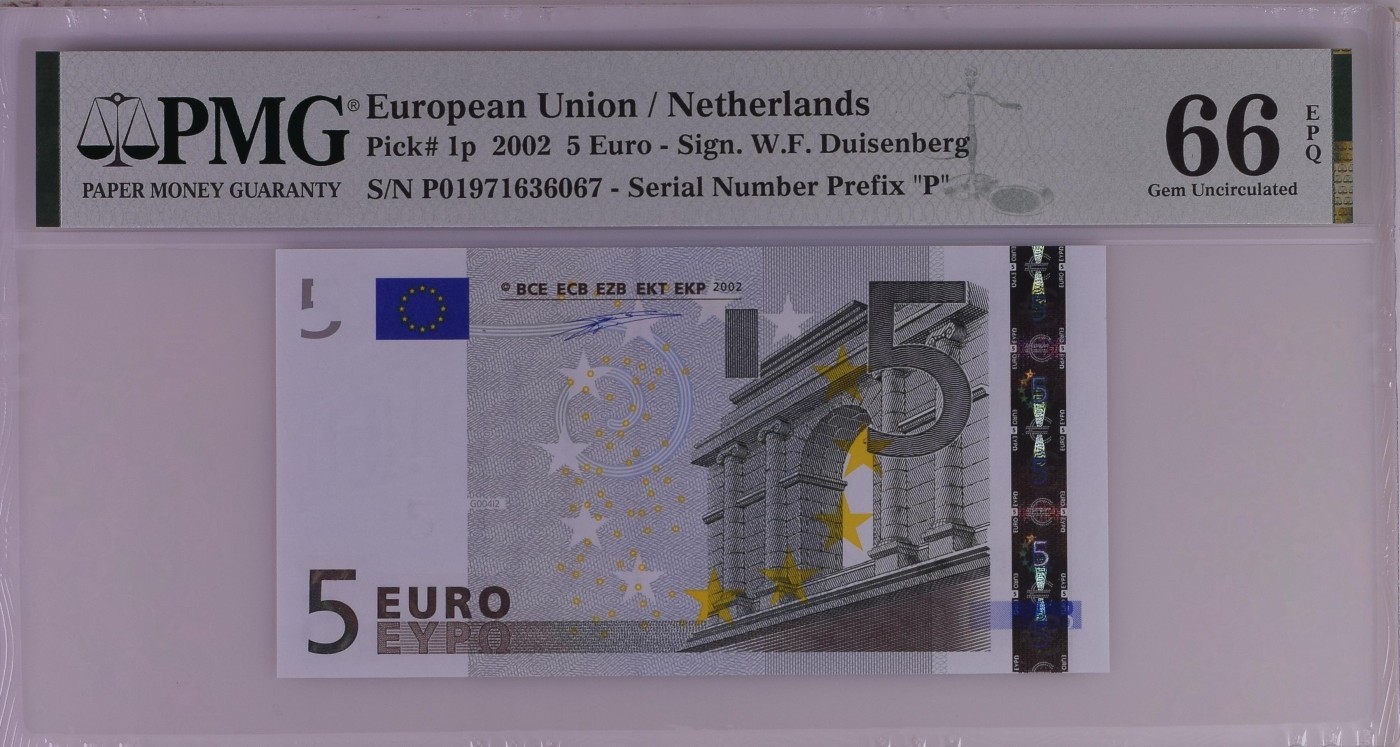 收藏联盟Quantum Auction 第280期拍卖  欧盟国家荷兰2002年5欧元 PMG66 稀少第一签 号码全程无4