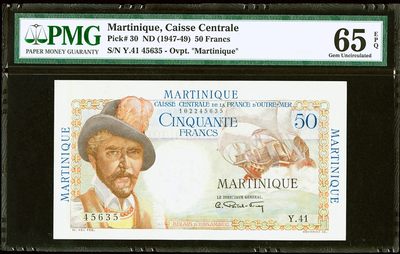 【Blue Auction】✨世界纸币精拍第357期——莫总专场XXVIII -  【仅1张更高分 无加盖马提尼克版少见 老壳子】马提尼克 1947-49年50法郎 PMG65EPQ 绝品 经典白奶球 法属玩家不可错过的好品种 