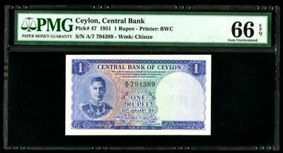 【Blue Auction】✨世界纸币精拍第357期——莫总专场XXVIII - 【亚军分 POP5/2该分数非常少见 升值品种 老壳子】锡兰 1951年1卢比 BWC出品 英王乔六 PMG66EPQ 绝品可遇不可求 背面为世界文化遗产波隆纳鲁瓦古城的月亮石 值得收藏