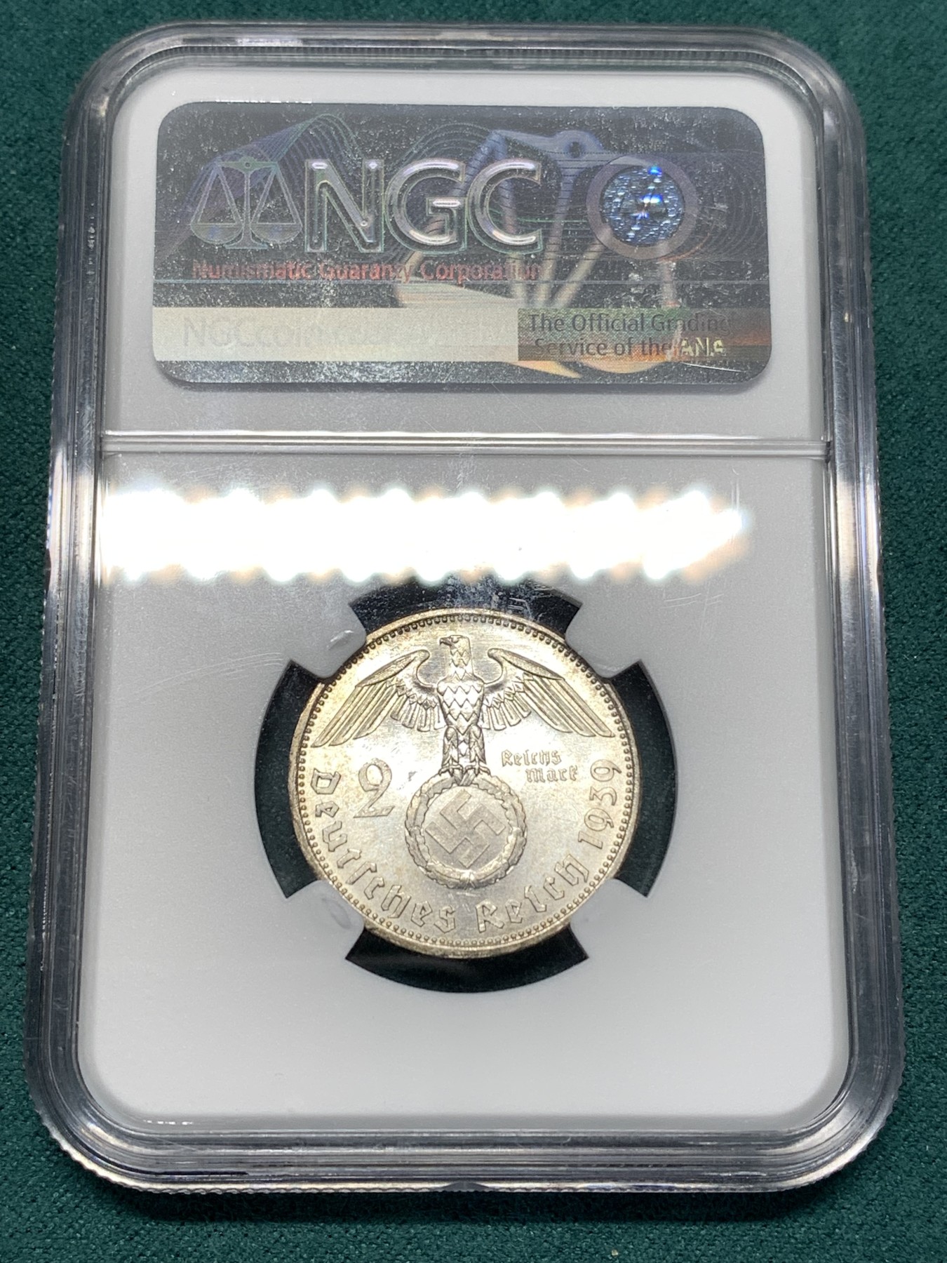 《竞宝斋》第188场-周日，周一 2场 (全场包邮) NGC MS64 德国1939年兴登堡2马克银币 状态实在好