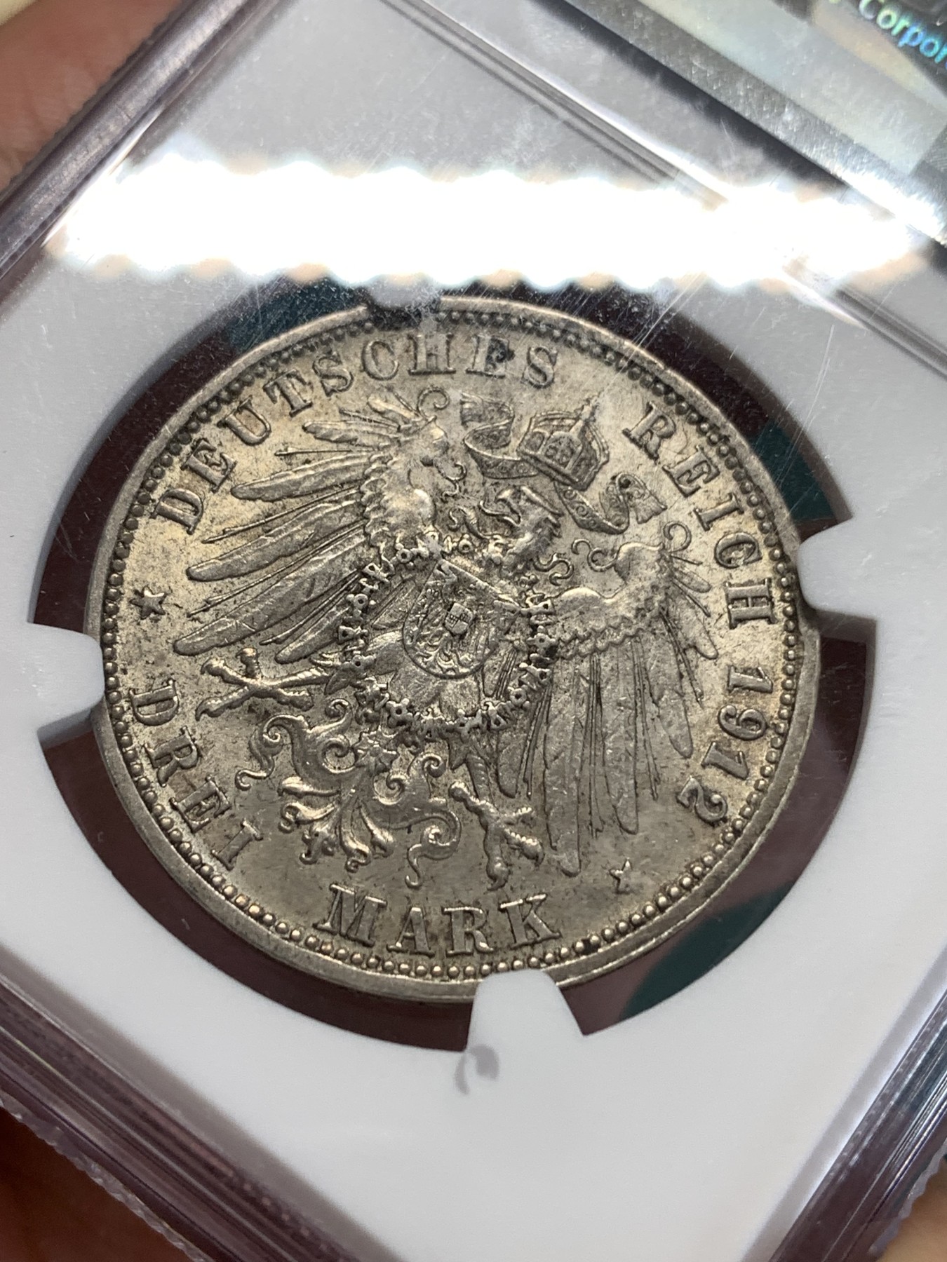 《竞宝斋》第188场-周日，周一 2场 (全场包邮) NGC-AU58 德国符腾堡 1912年威廉二世大胡子 3马克大银币