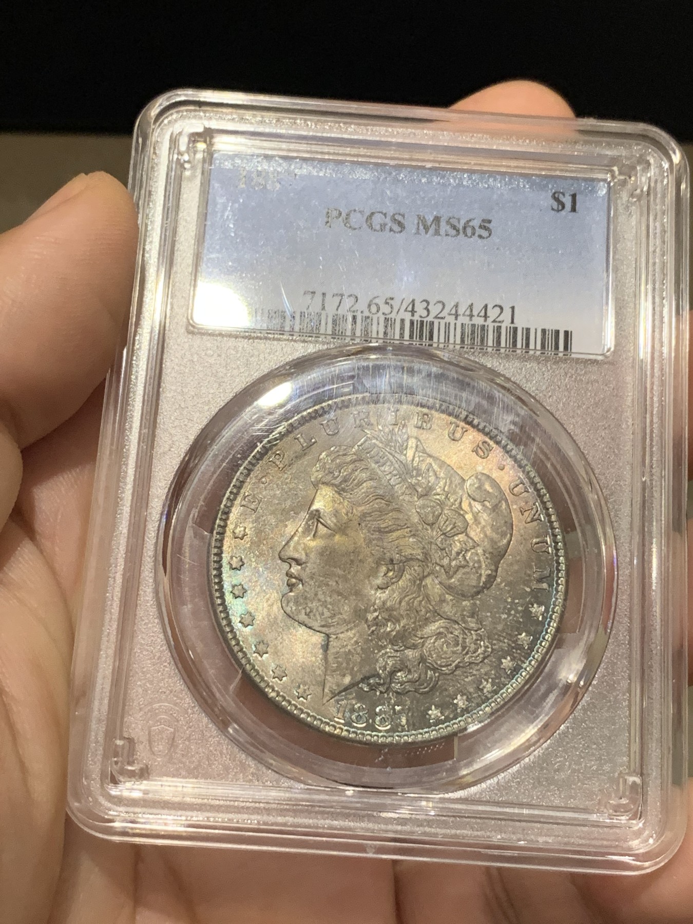 《竞宝斋》第188场-周日，周一 2场 (全场包邮) PCGS-MS65 美国 1887 摩根银元 双面炫彩 非常漂亮 难得一见