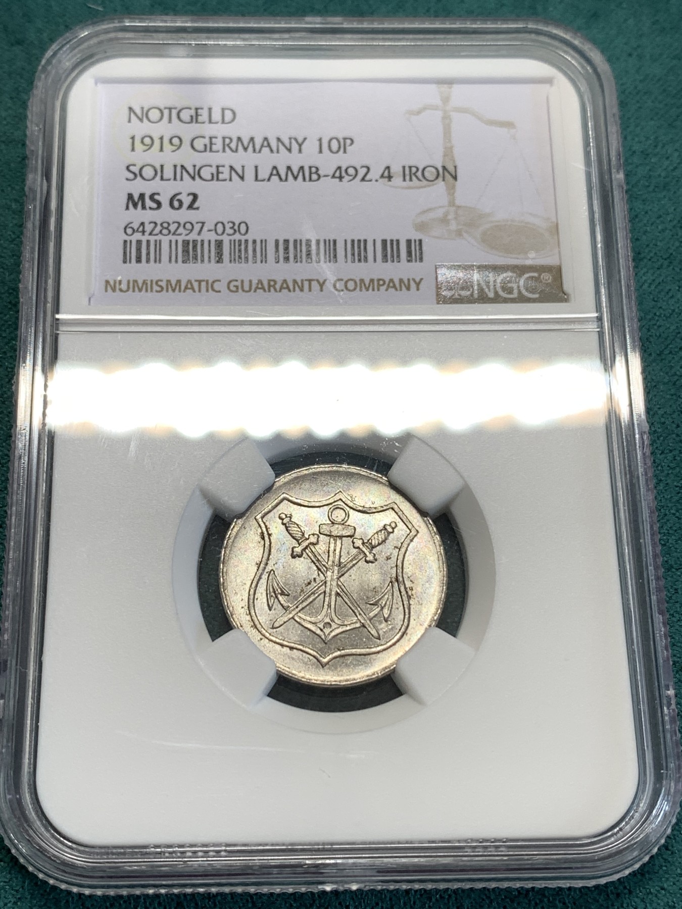 《竞宝斋》第188场-周日，周一 2场 (全场包邮) NGC-MS62 德国1919年德紧索林根10芬尼铁币 原光带彩十分不易感觉低评了 更高分仅2枚