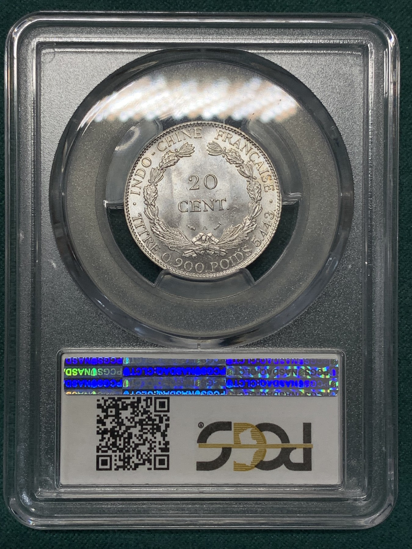 《竞宝斋》第188场-周日，周一 2场 (全场包邮) PCGS MS63 法属印支1893年20分银币 难得 早期 高分 辅币