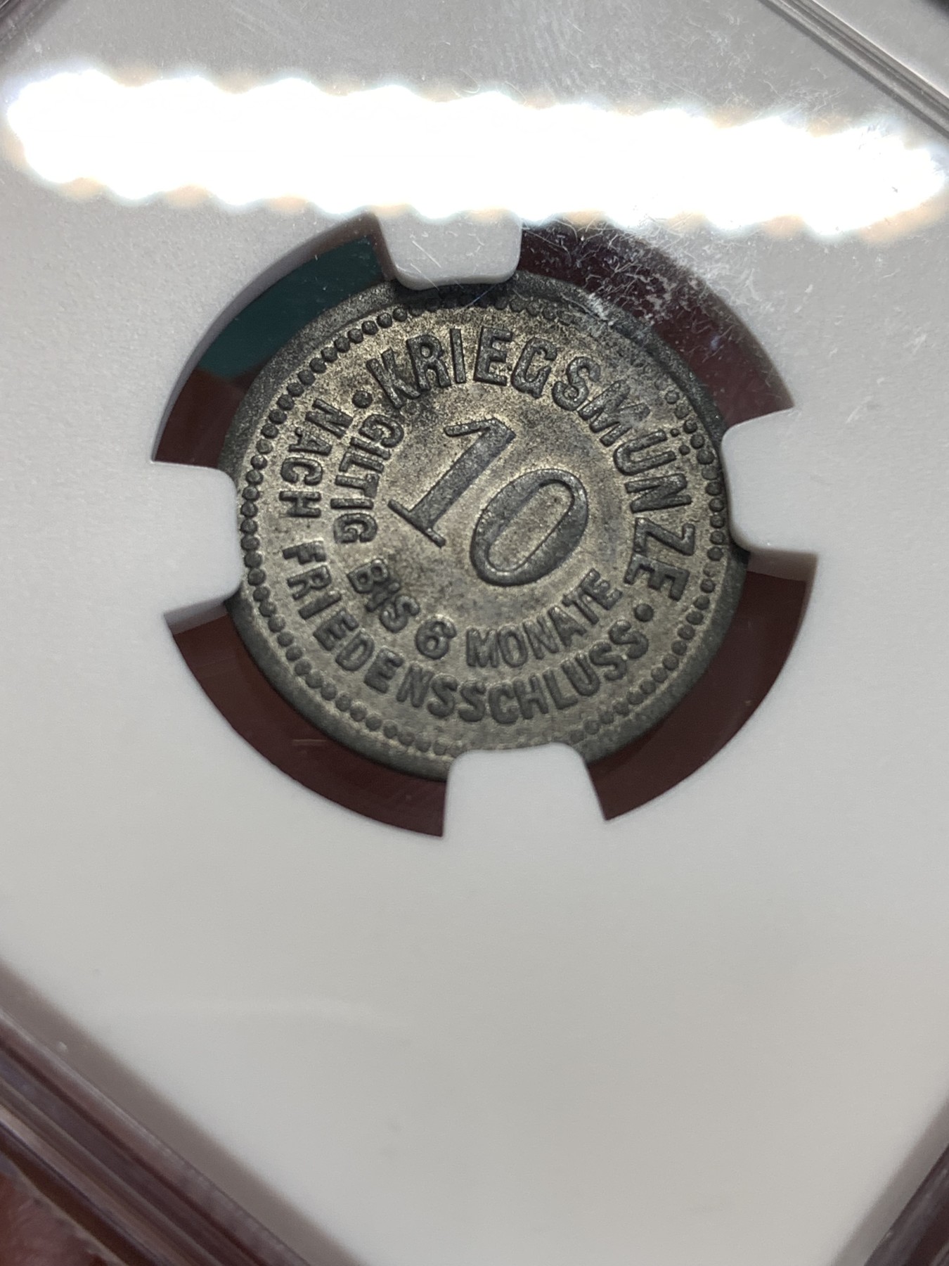 《竞宝斋》第188场-周日，周一 2场 (全场包邮) NGC-MS62 德国1917年德紧代根多夫10芬尼锌币 两面深打原始包浆 锌币百年不易 仅见入盒