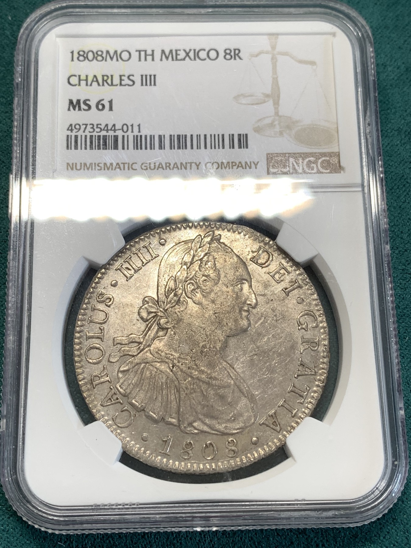 《竞宝斋》第188场-周日，周一 2场 (全场包邮) NGC-MS61 西属墨西哥 卡四 双柱 1808 MO TH 8瑞尔银币