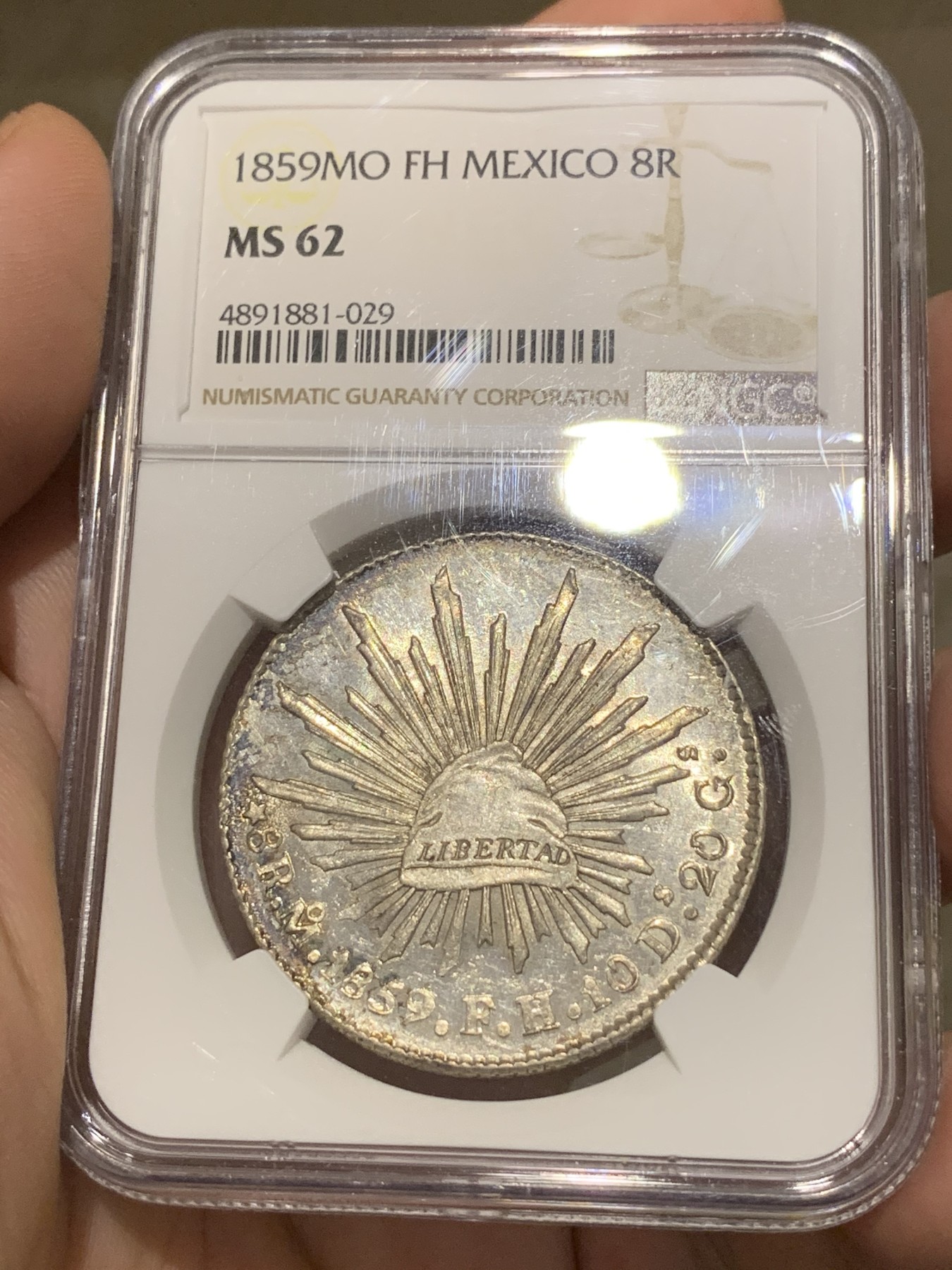《竞宝斋》第188场-周日，周一 2场 (全场包邮) NGC MS62   墨西哥1859年鹰洋 少见早期年份 原光 PL底板