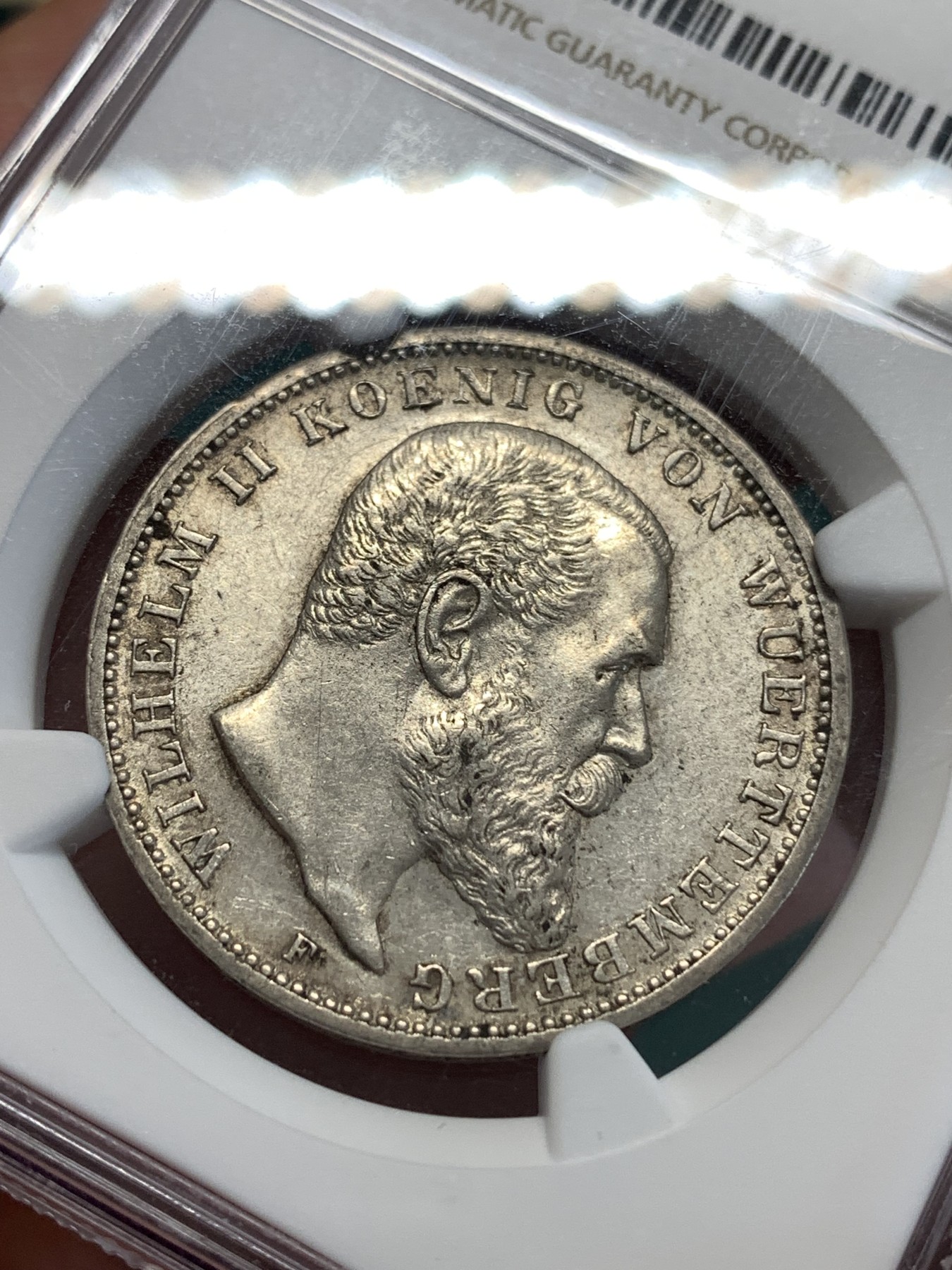 《竞宝斋》第188场-周日，周一 2场 (全场包邮) NGC-AU58 德国符腾堡 1912年威廉二世大胡子 3马克大银币
