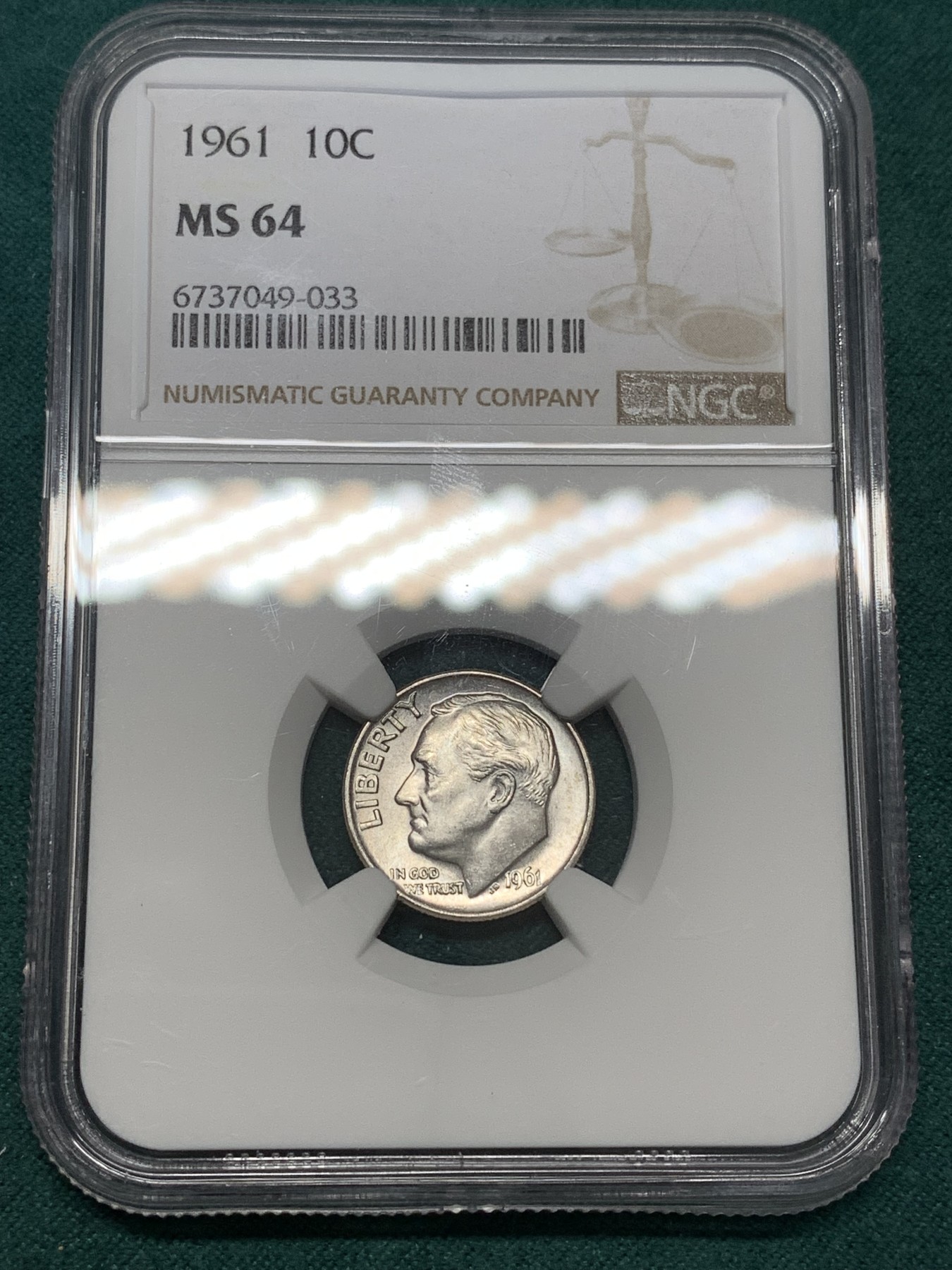 《竞宝斋》第188场-周日，周一 2场 (全场包邮) NGC-MS64 1961年美国罗斯福10分银币，64分高分。