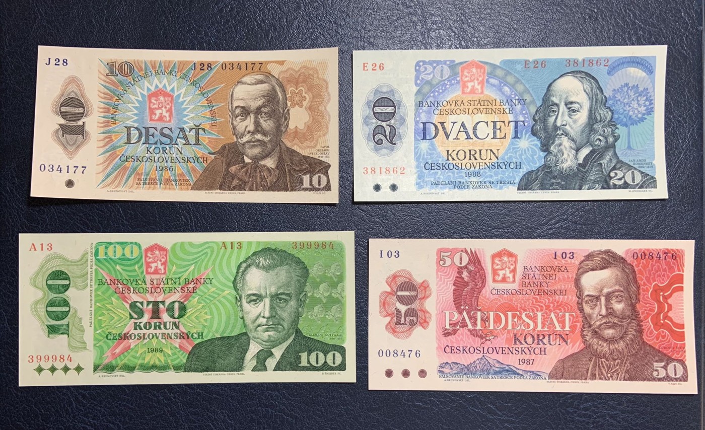 收藏联盟Quantum Auction 第280期拍卖  捷克斯洛伐克1986-89年10-100克朗 品相全新UNC 20面额为夸美斯基(教育家，现代小学中学，大学分级制度的奠基人)