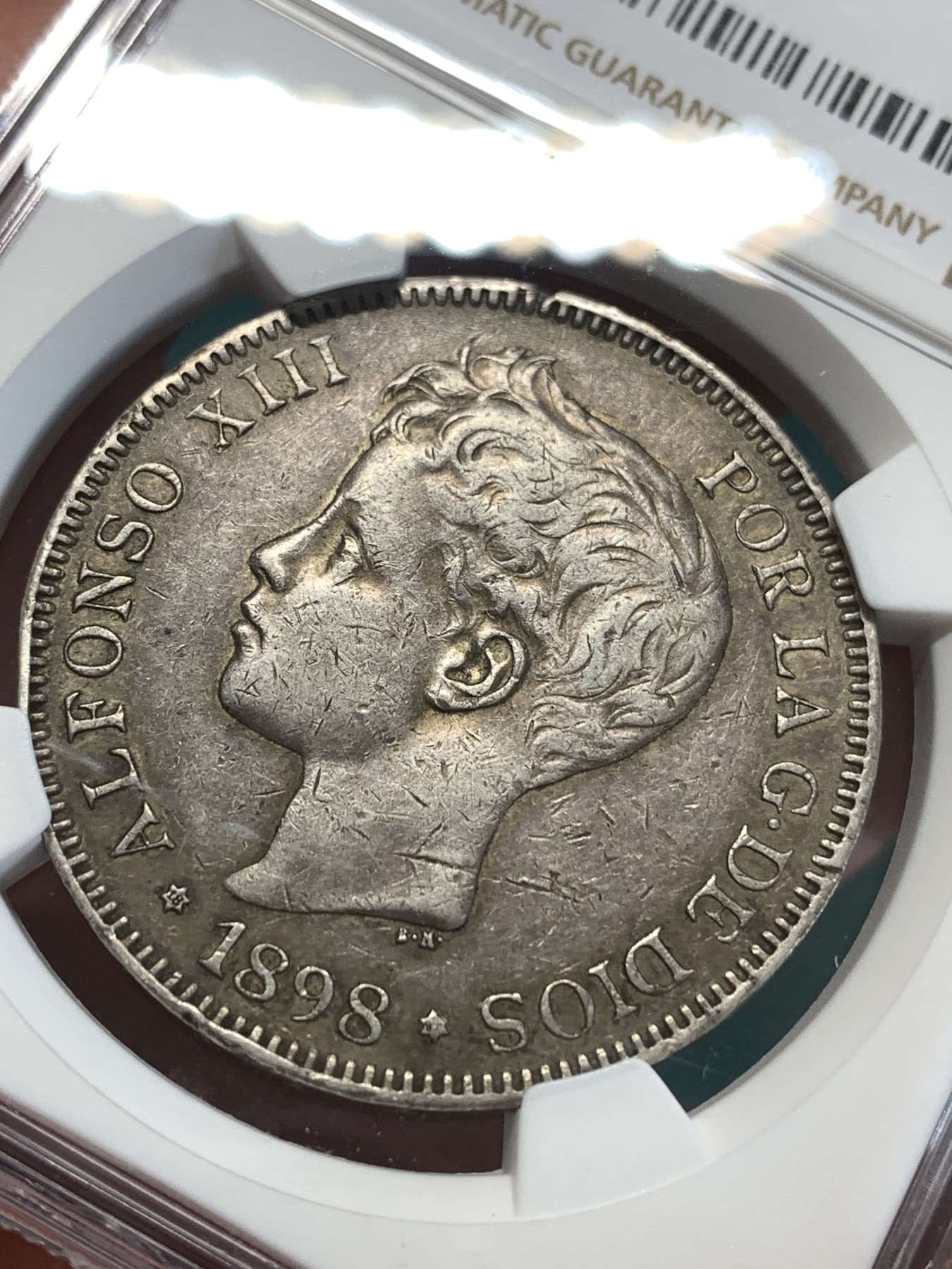 《竞宝斋》第188场-周日，周一 2场 (全场包邮) NGC XFD 西班牙1898年 双柱阿方索十三世 小男孩头像 5比赛塔银币