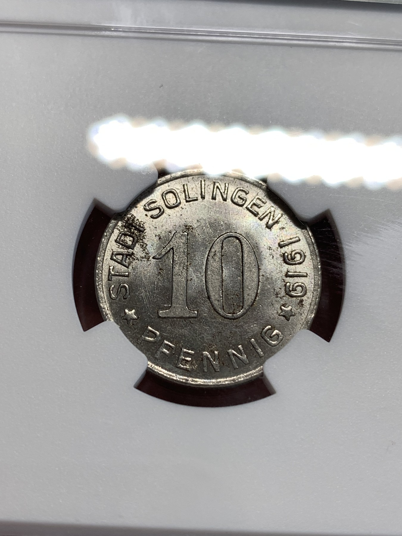 《竞宝斋》第188场-周日，周一 2场 (全场包邮) NGC-MS62 德国1919年德紧索林根10芬尼铁币 原光带彩十分不易感觉低评了 更高分仅2枚